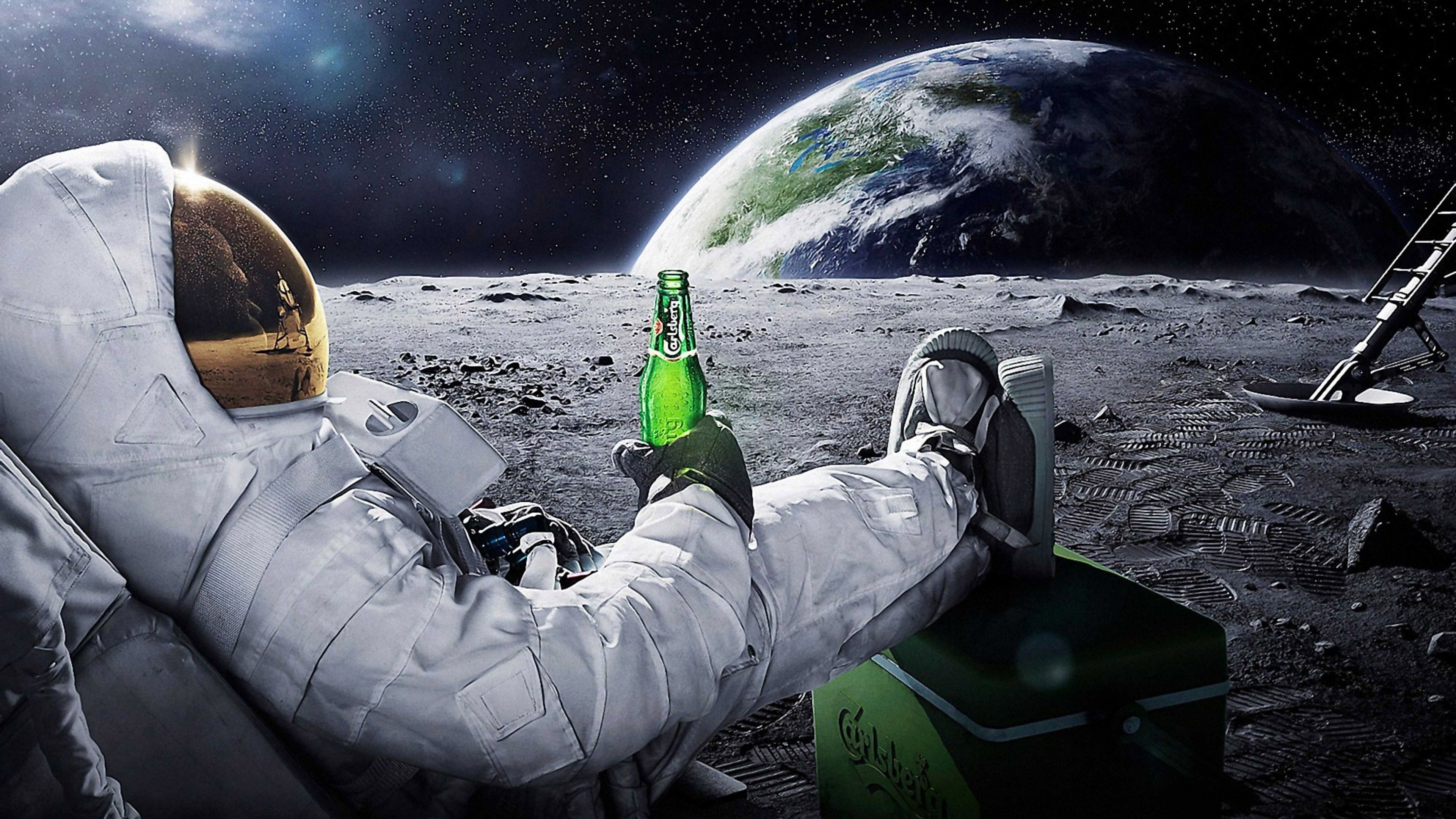 Astronaut Drinking Carlsberg Beer Moon Space Wallpaper