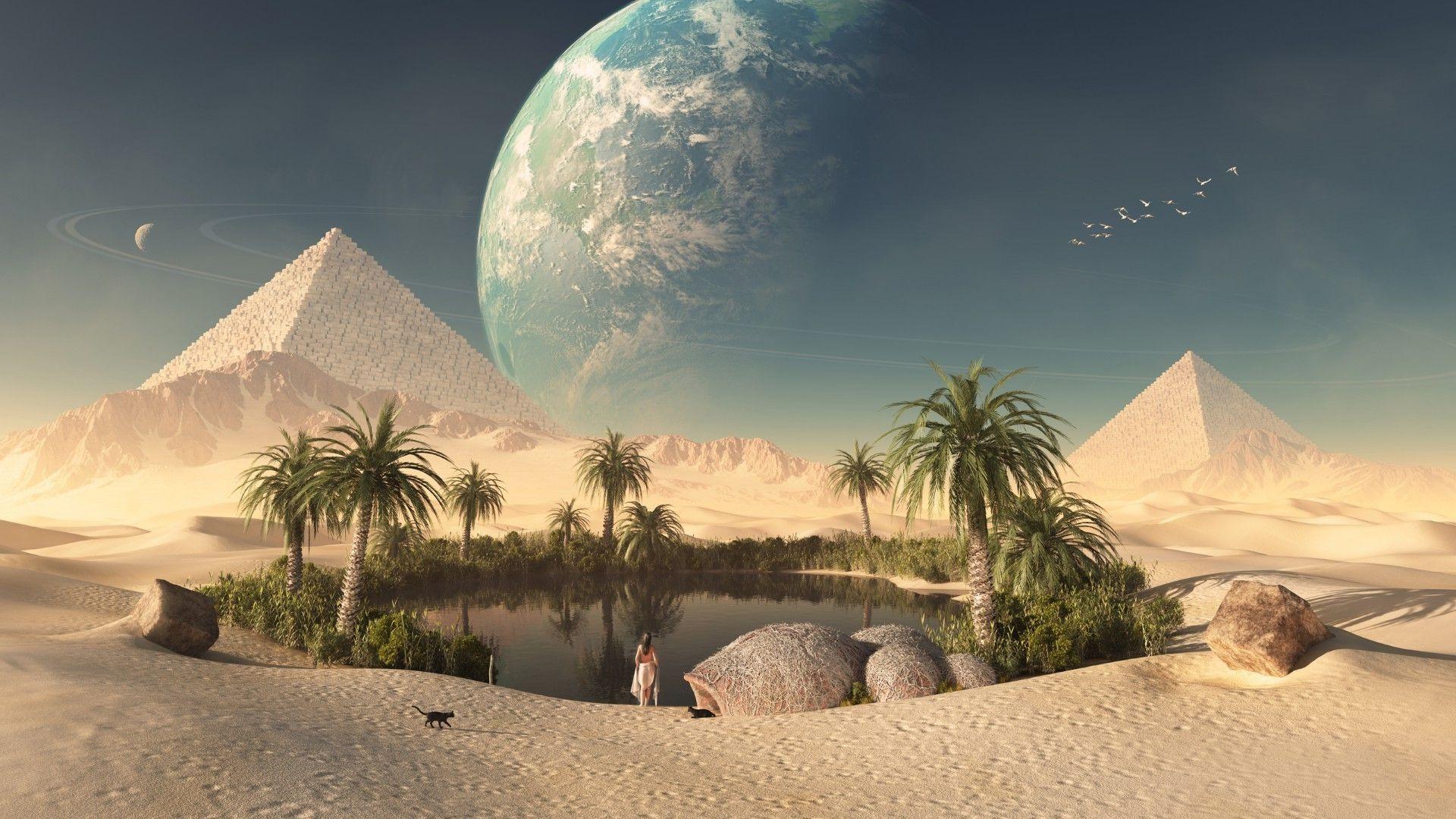 An oasis in the desert to the pyramids in Egypt. Desktop wallpaper
