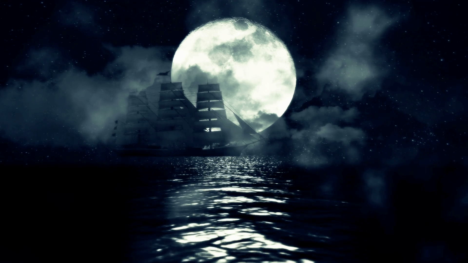 An Old Sailing ship in the Middle of a Night in the Ocean on a Full