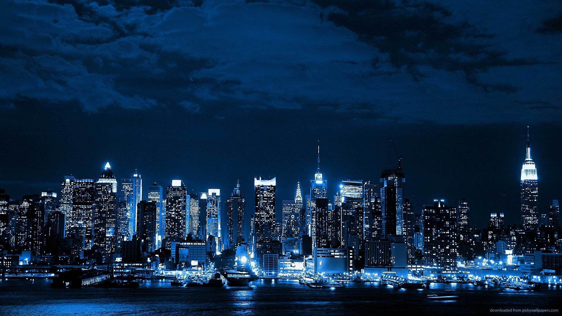 blue cityscapes night lights New York City cities neon / 1920x1080
