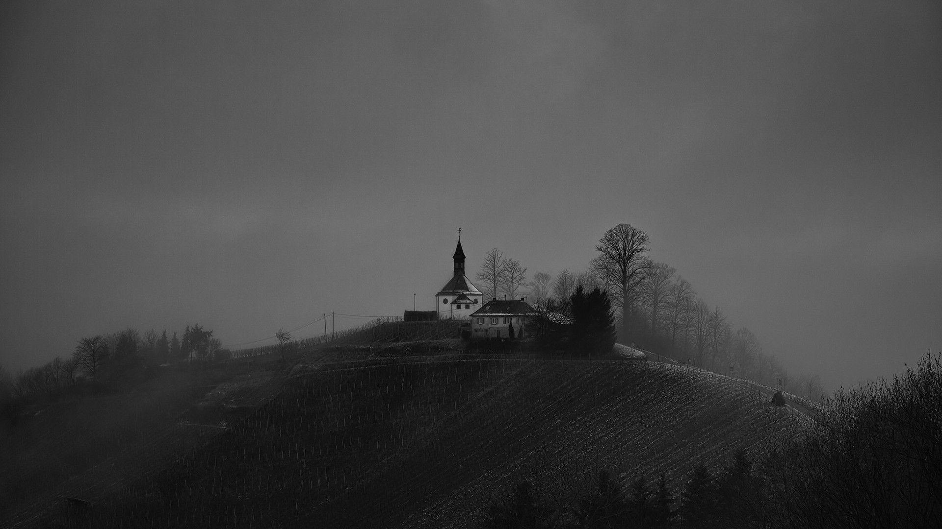 Religious: Magical Rural Hilltop Church Grayscale Trees Dark Hill