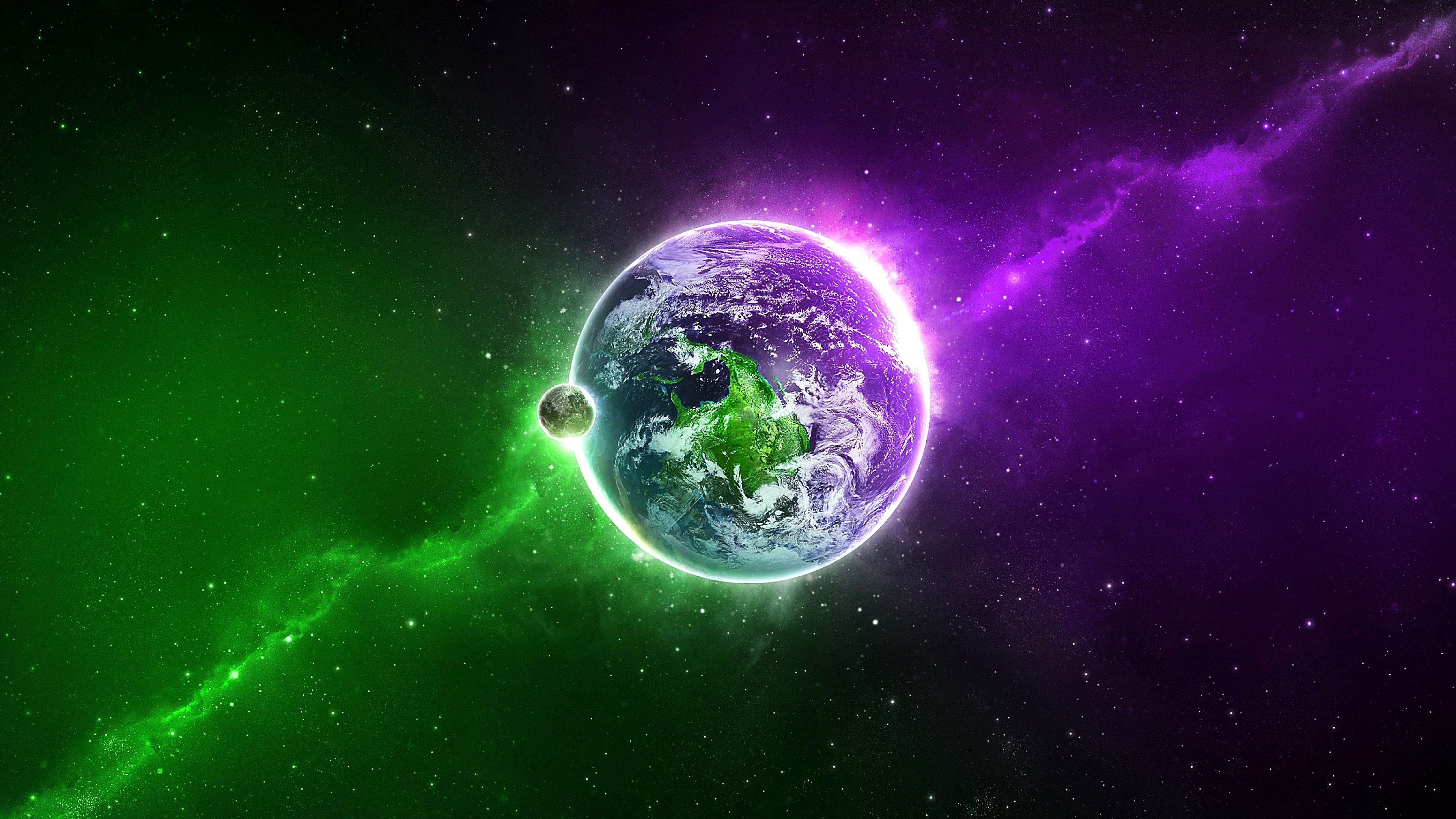 Earth With The Moon In The Green And Purple Space Wallpapers