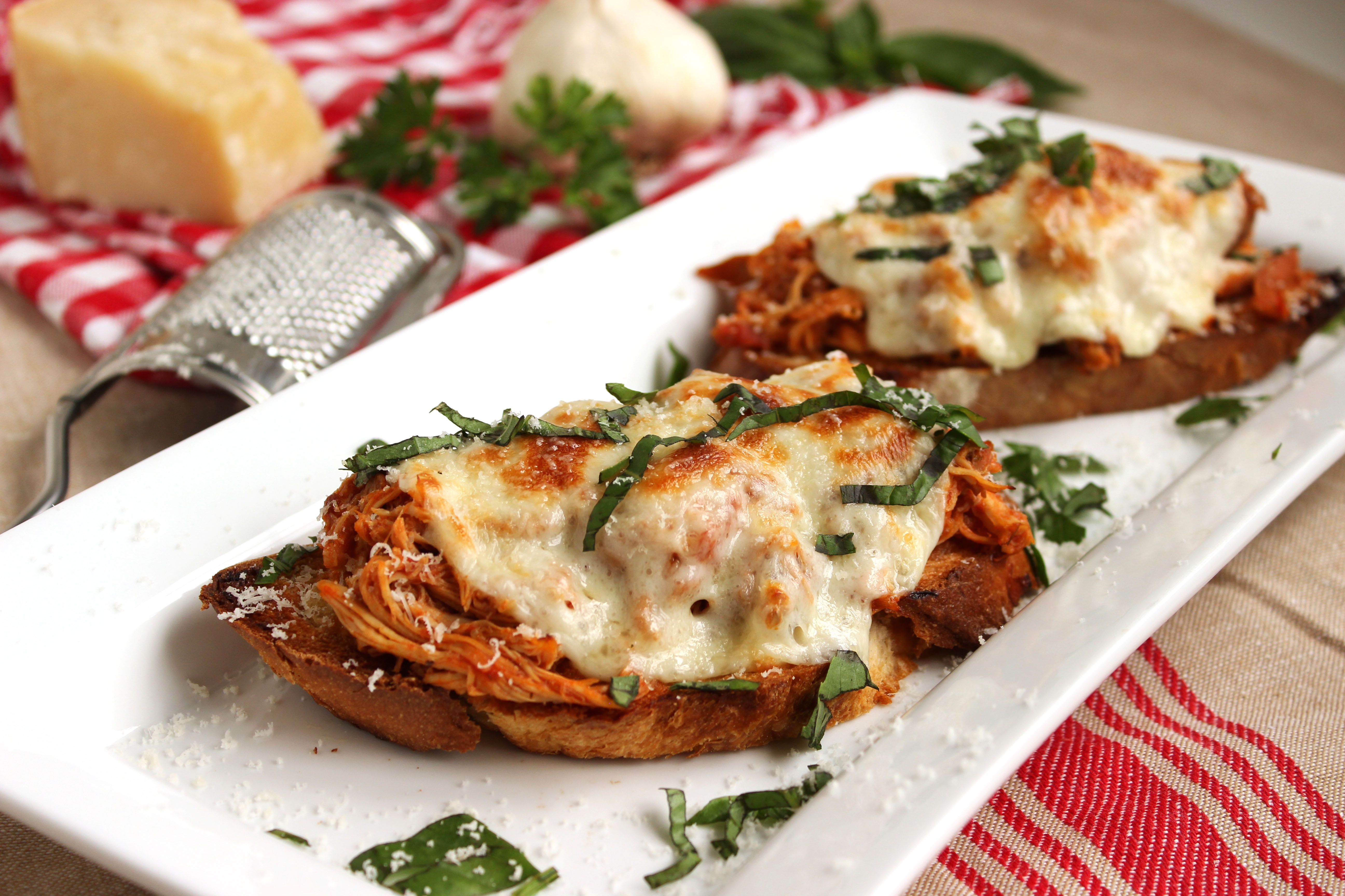 Open Faced Pulled Chicken Parmesan Sandwiches. Recipe. Chicken