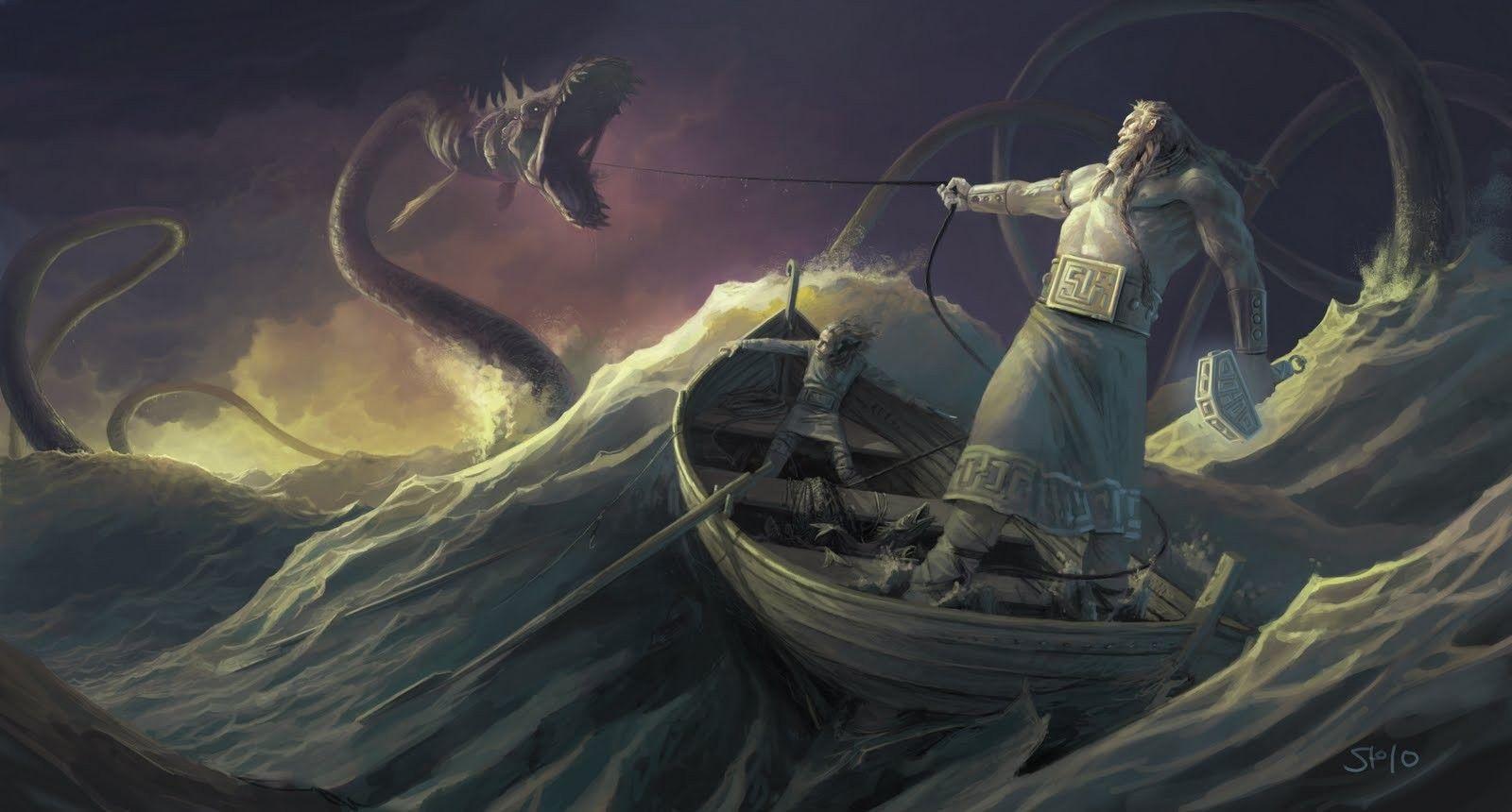 Thor, fantasy art, boats, creatures, mythology, gods, sea wallpaper