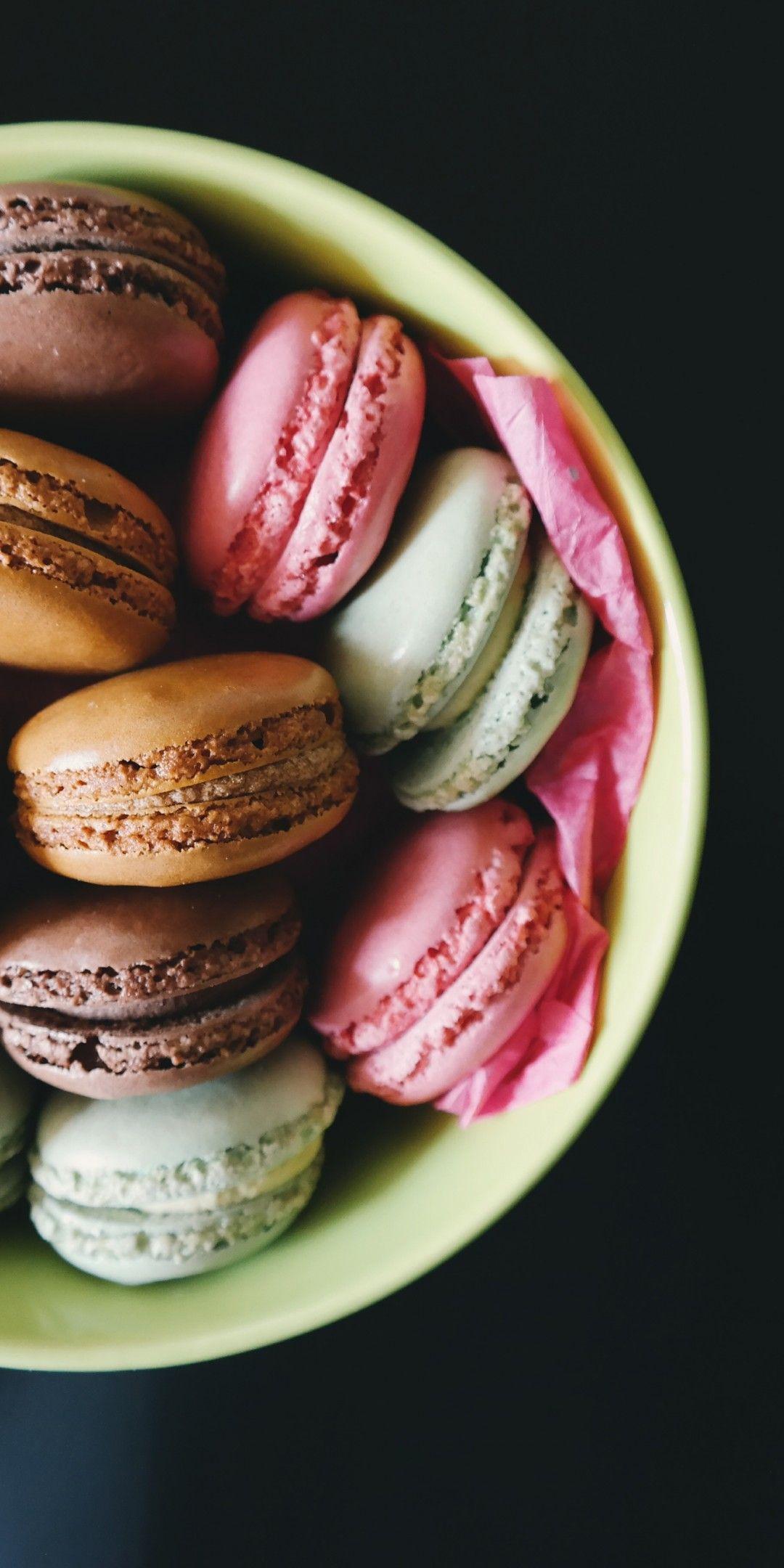 Download 1080x2160 Colorful Macarons, Bowl, Top View, Cookies