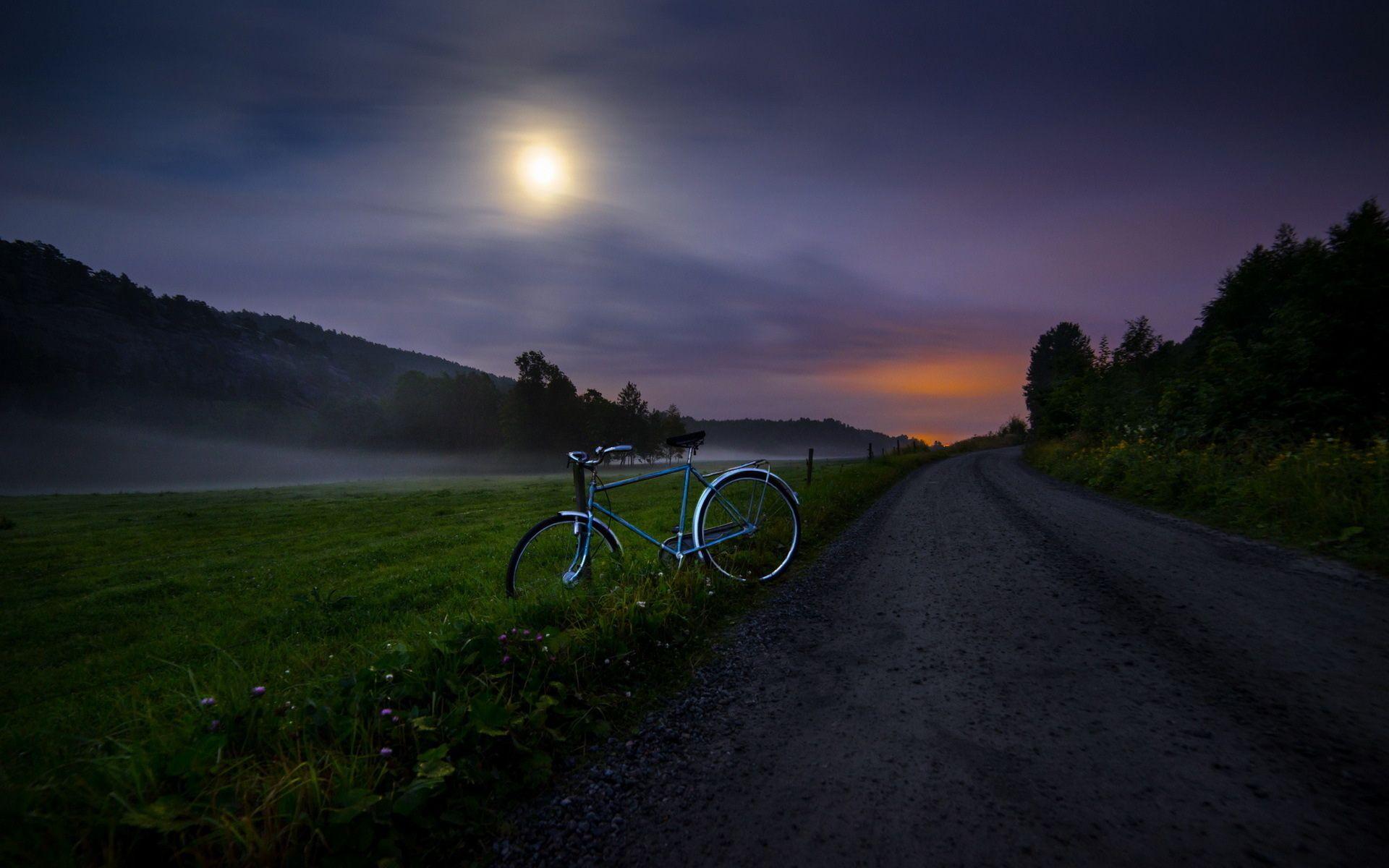 Bike, country road, night, clouds and fog wallpaper download