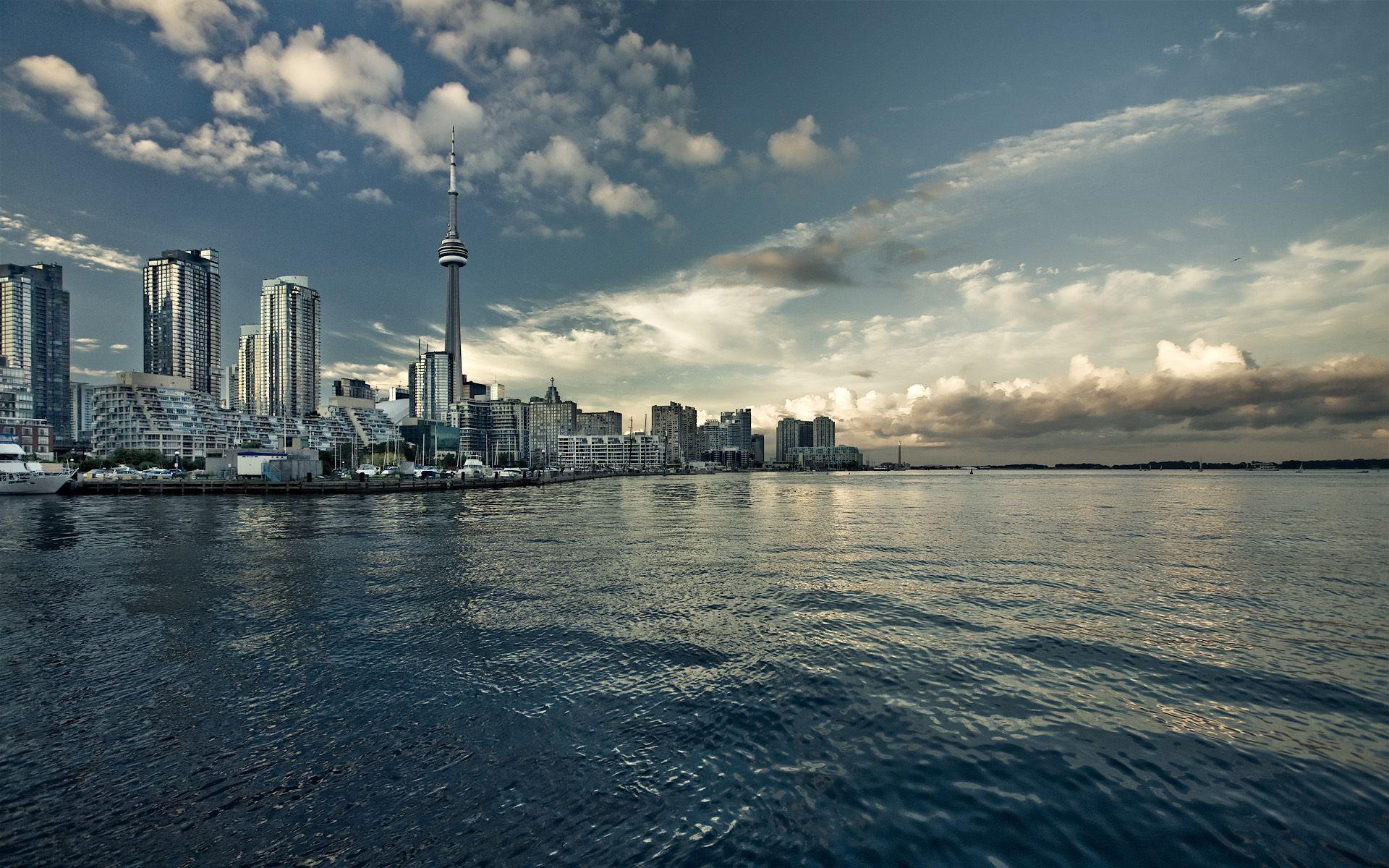 water, clouds, cityscapes, Canada, Toronto, Harbor, bay, CN Tower