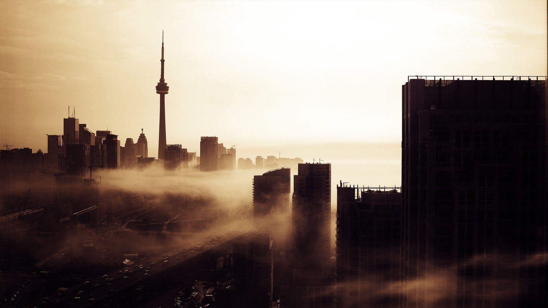 Toronto CN Tower Sunrise Mist Desktop Wallpaper
