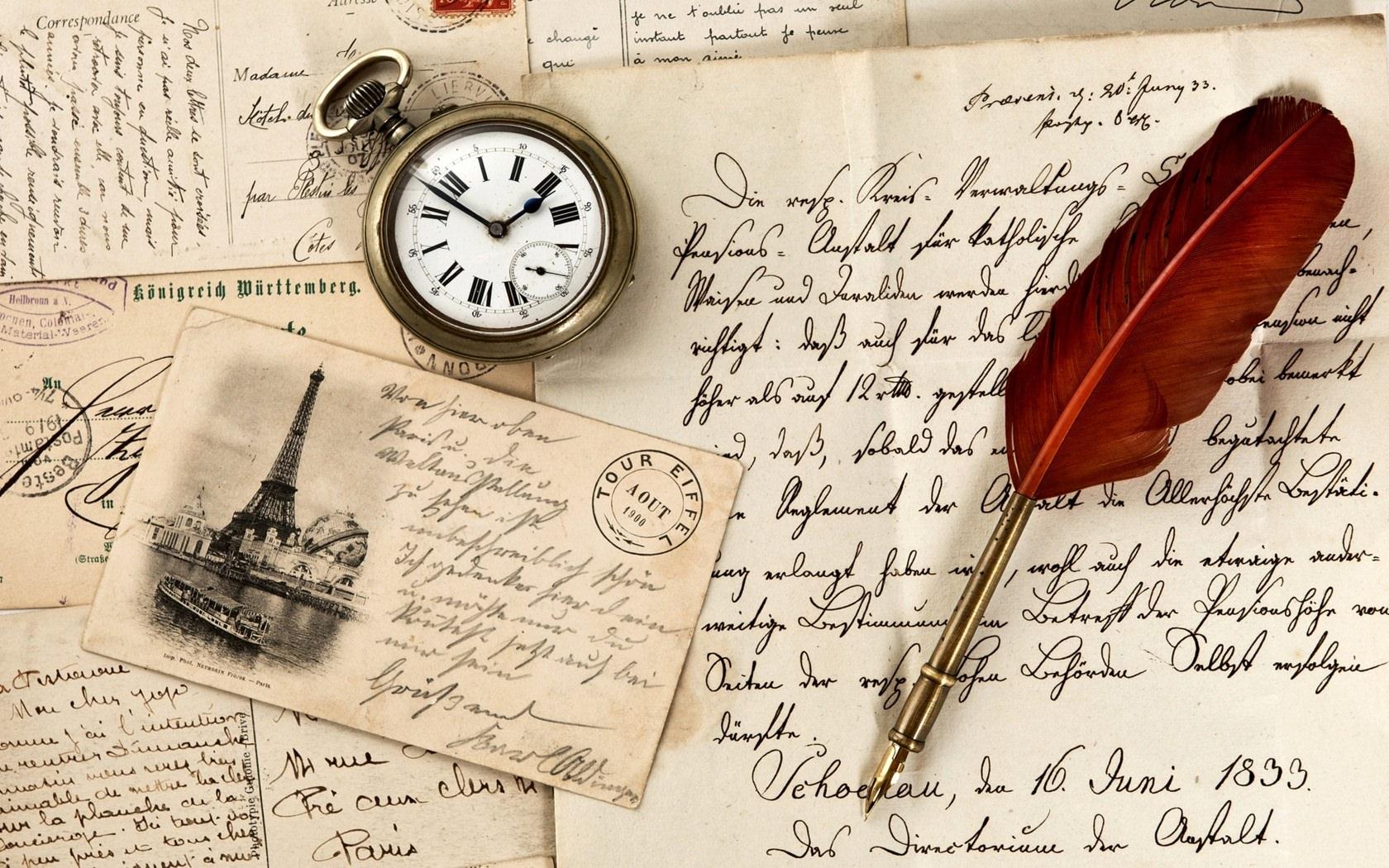 Vintage, Old paper, Pen, Watch, Writing, Stamp, Postcard
