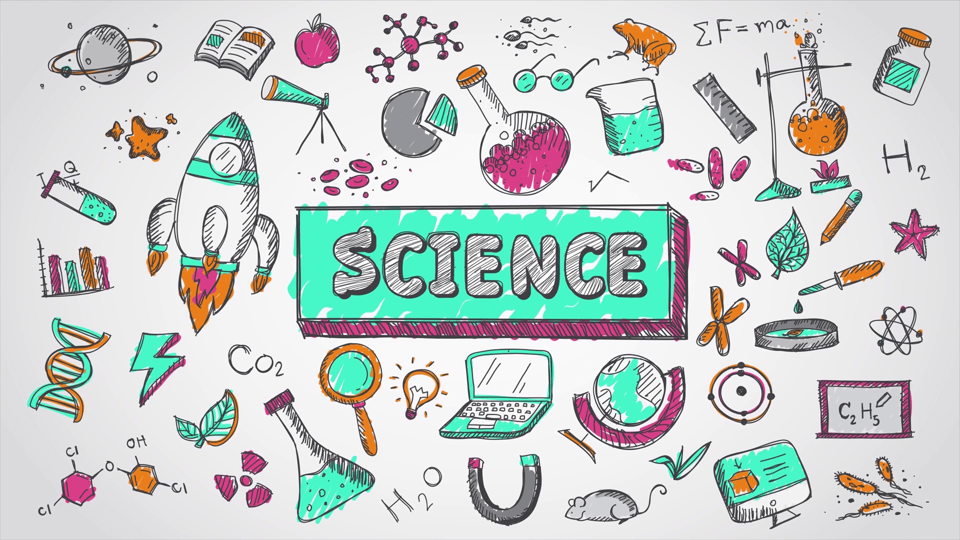 Doodle cartoon animation of science, chemistry, physics, astronomy