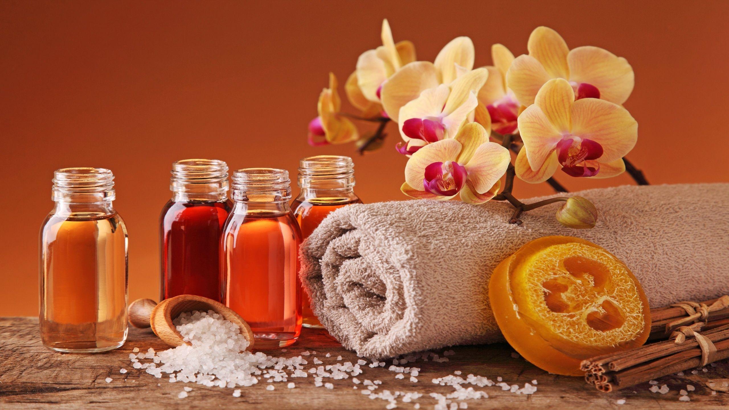 Spa, Massage Oil, Flowers, Essential Oils, Towel, Soap