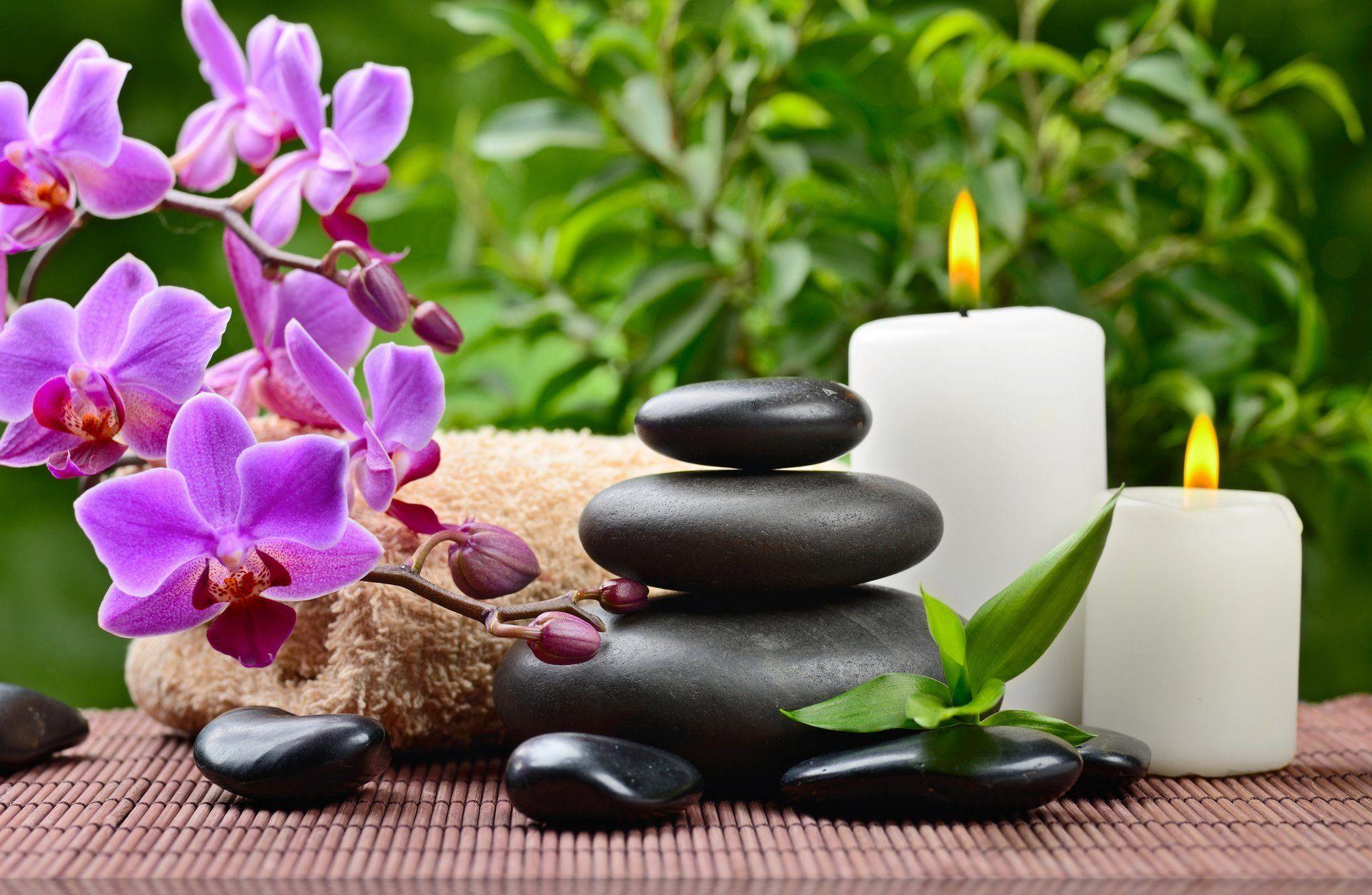 spa stones towel leaves orchid HD wallpaper