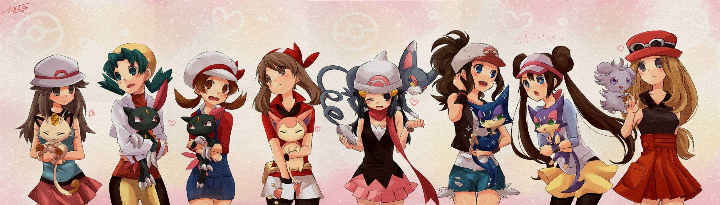 Pokemon blue hair brown hair crystal espurr glameow green