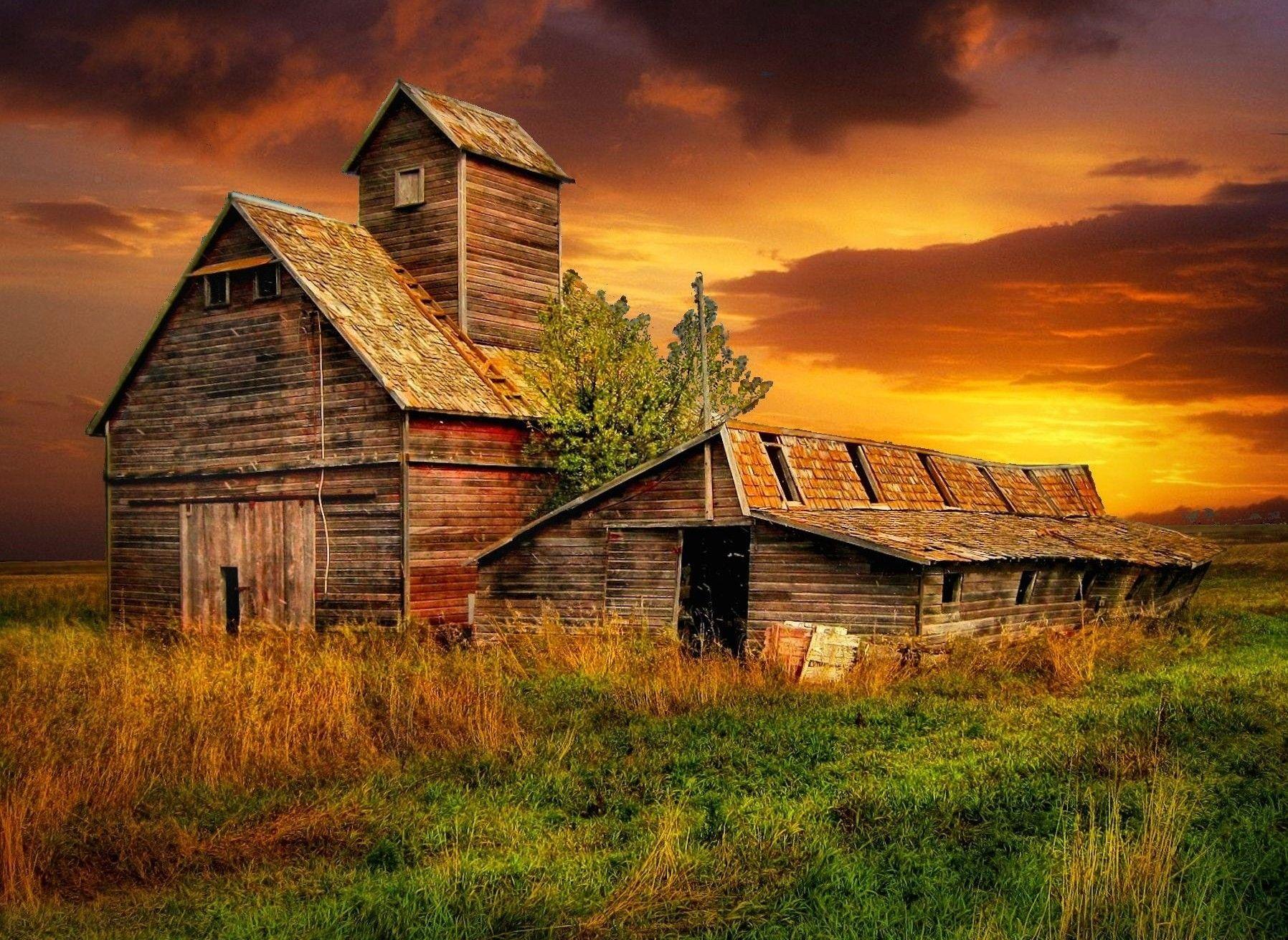 Sunsets: Grain Pig Barns North Dakota Sunset Grass Old Golden Sky