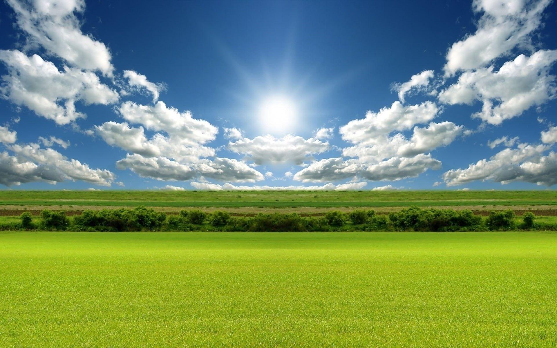 A wide green field, white clouds, blue sky. Android wallpaper for free