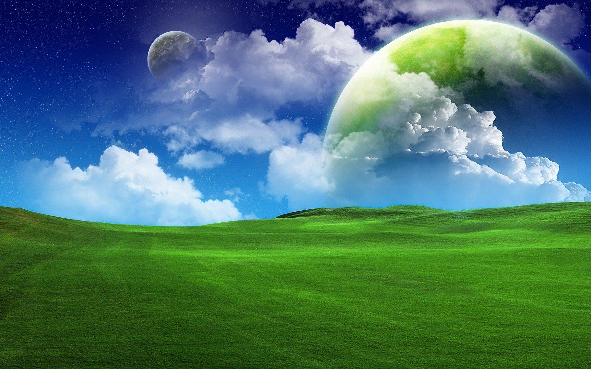 Planets Over Green Field