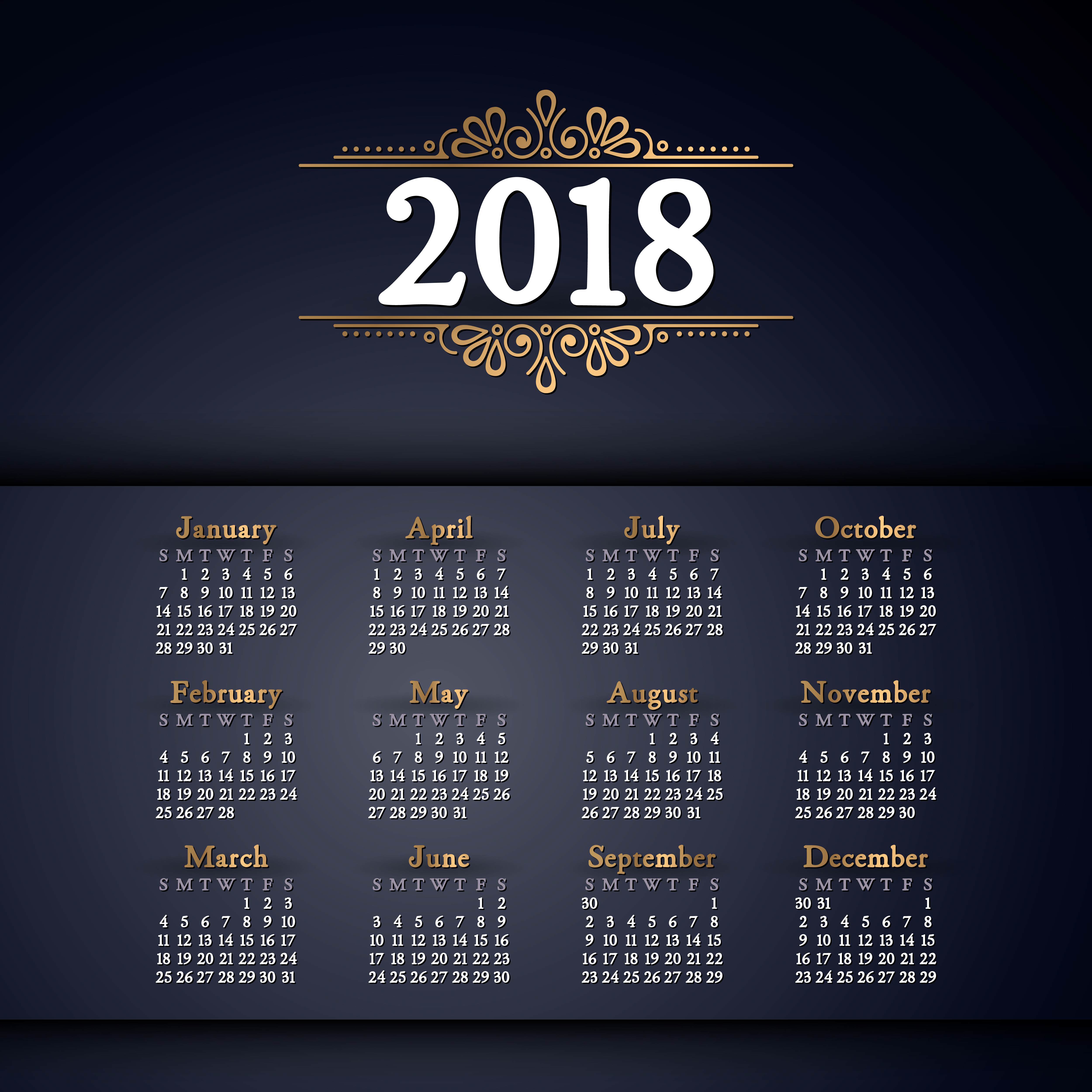 New Year 2018 Full Calendar HD Wallpaper, 4K Background and Ultra
