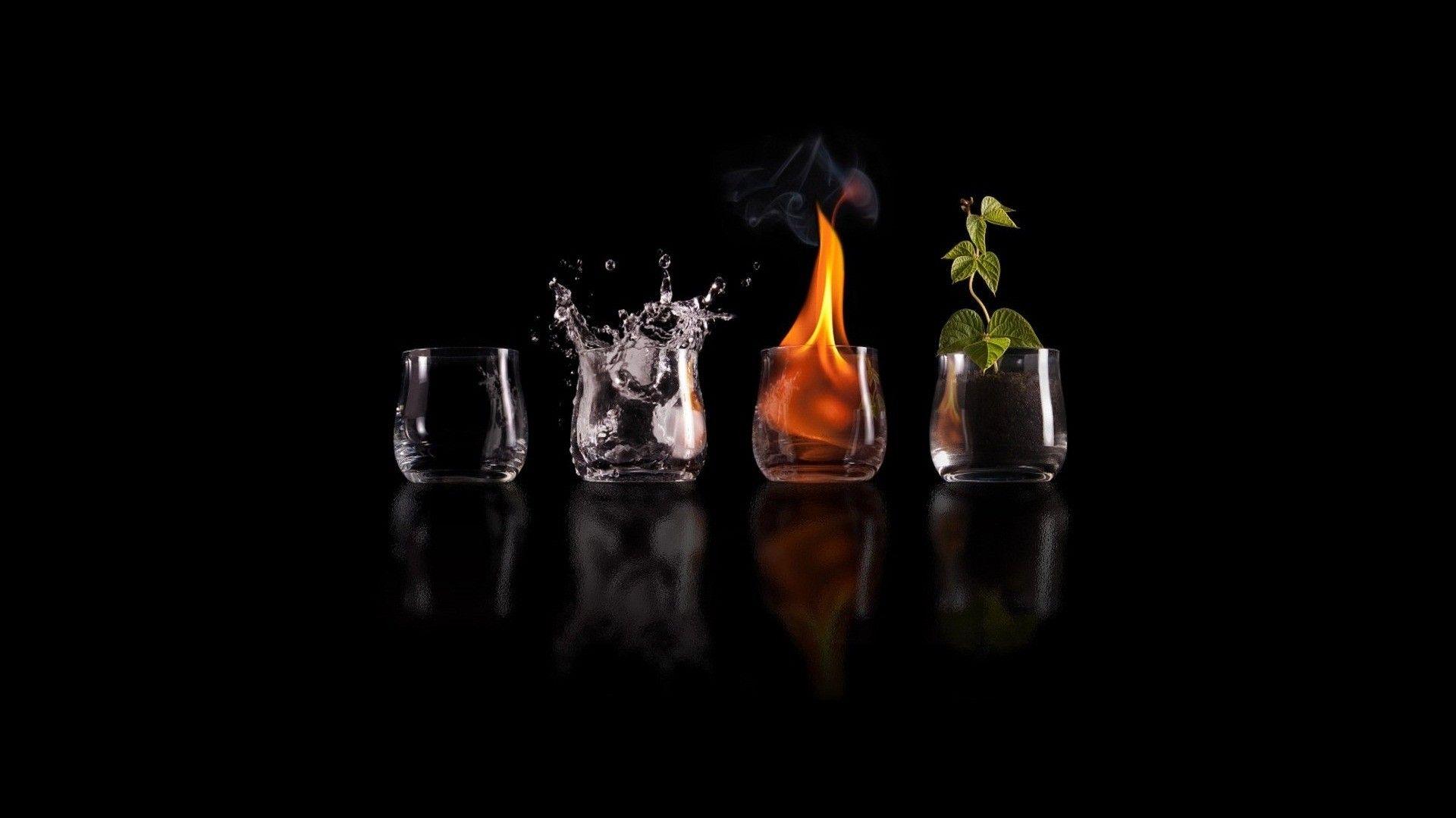 water, nature, wood, fire, four elements wallpaper
