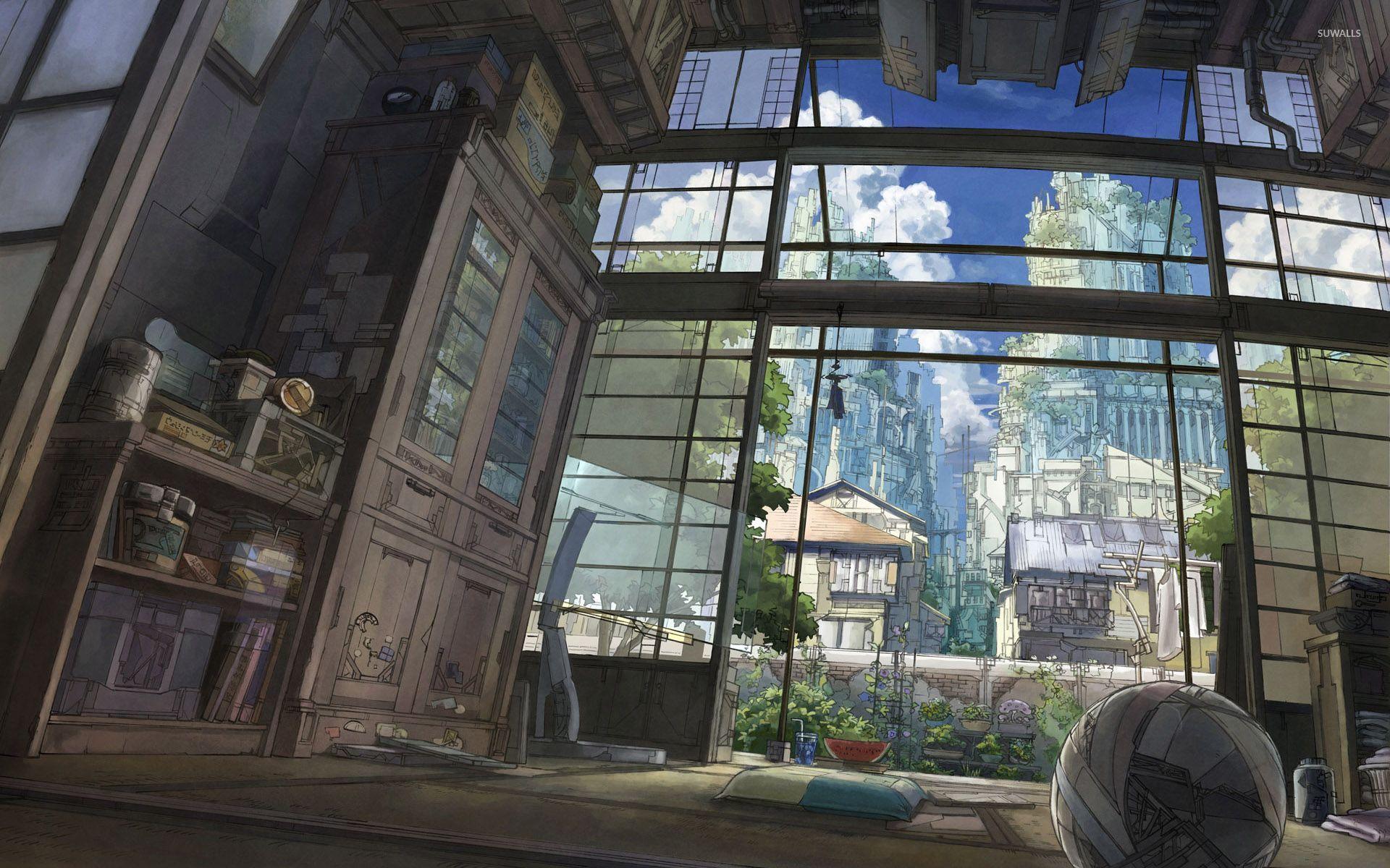 Boy and his cat in a steampunk apartment wallpaper