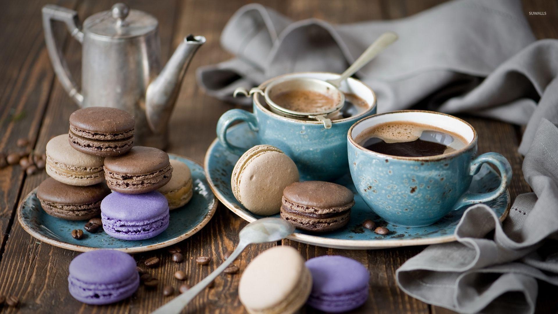 Coffee and macarons wallpaper wallpaper