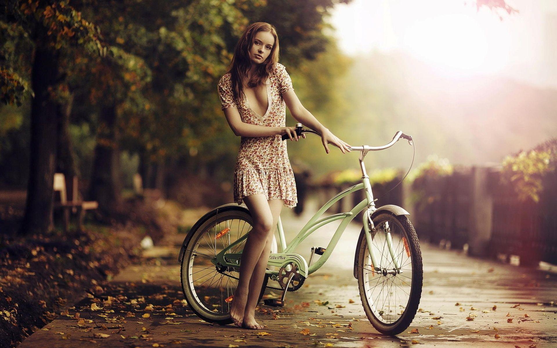 Wallpaper Beautiful barefoot girl, bicycle, fall HD, Picture, Image