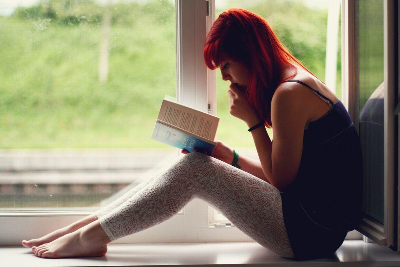 women, redheads, feet, reading, leggings, barefoot, windows
