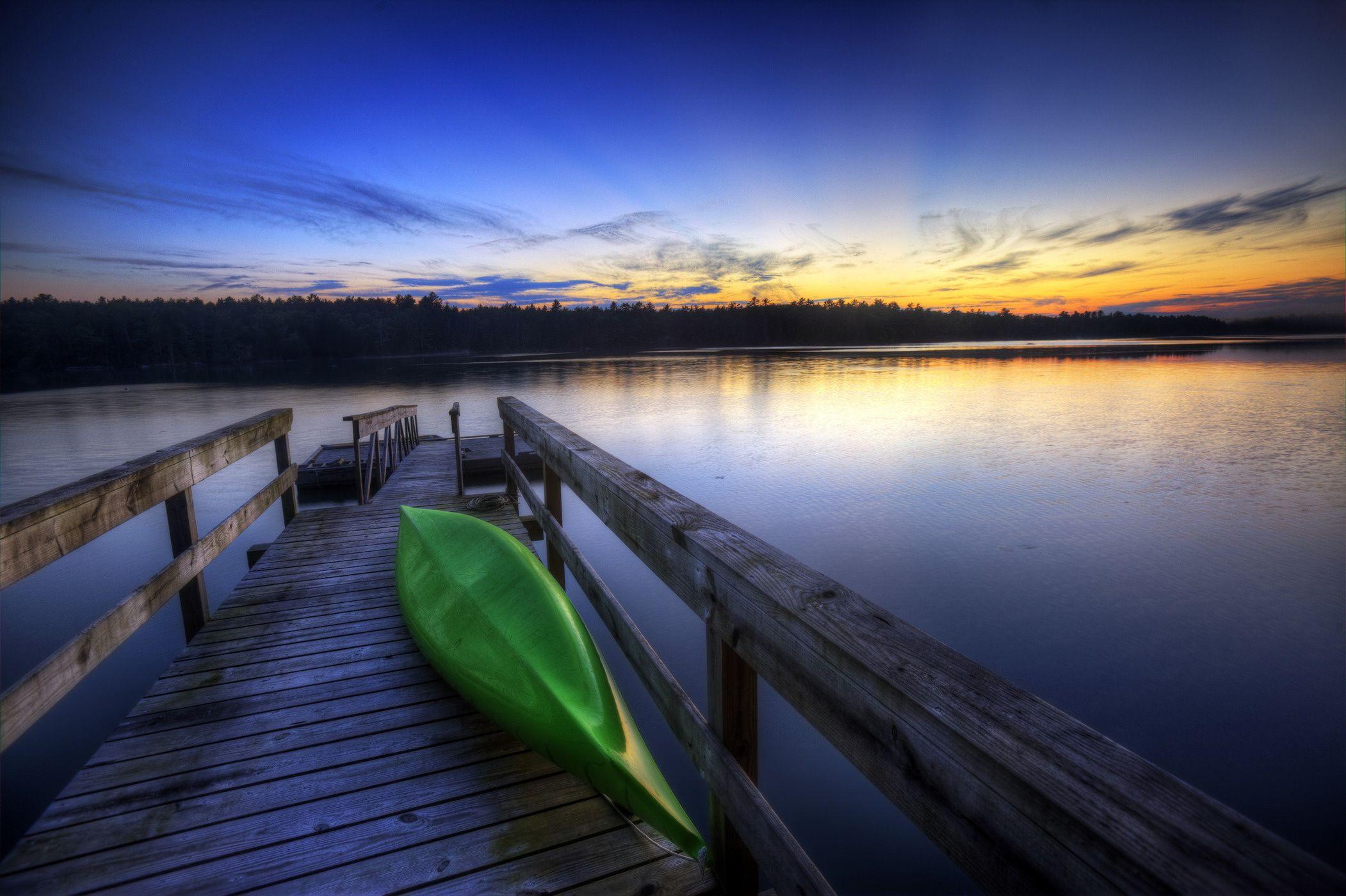 canoe on dock. Wallpaper lake, pier, dock, kayak, sunset desktop