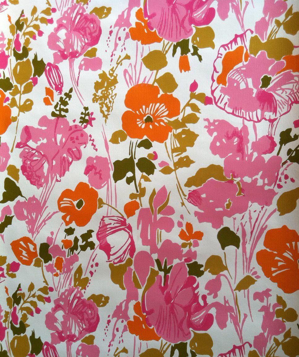 Vintage 1960s Wallpaper Whimsical Pink Poppies By The Yard. $9.00