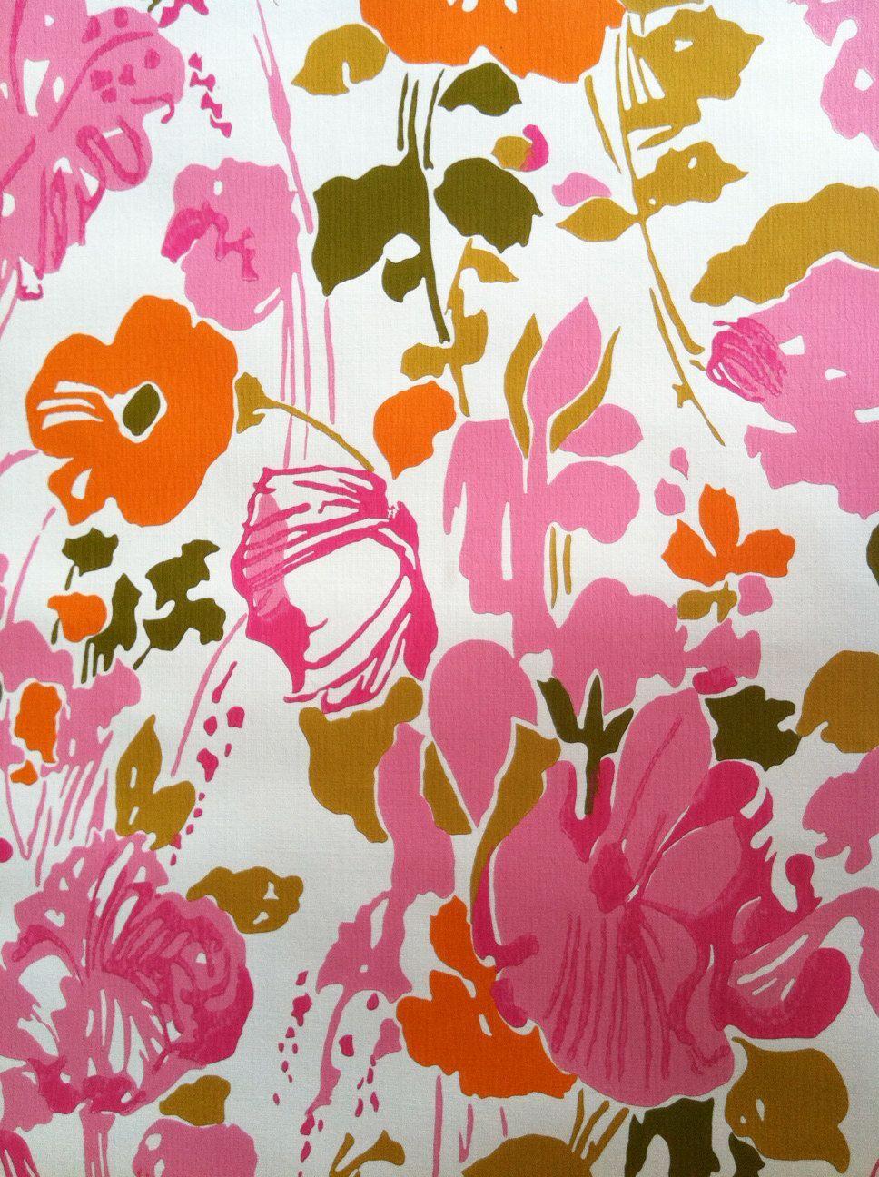 Vintage 1960s Wallpaper Whimsical Pink Poppies By The Yard. Pink