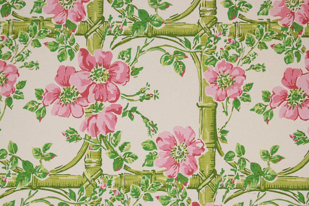 1960s Vintage Wallpaper Pink Flowers on Green Bamboo Lattice by