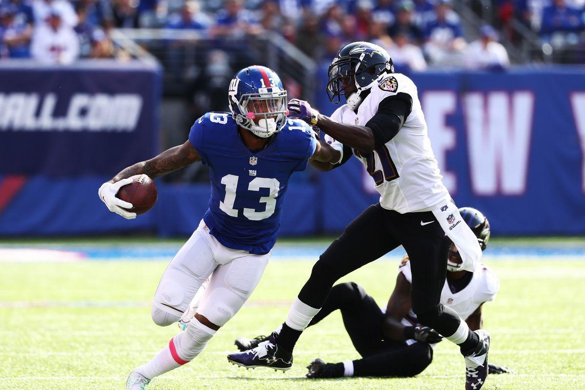 ESPN's Tedy Bruschi gives the Ravens Odell Beckham Jr. during NFL