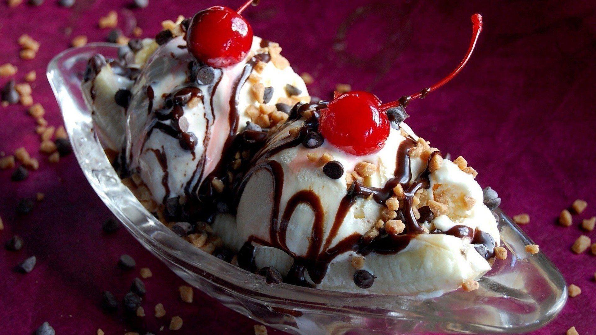 Ice Cream Chocolate Cherries Nuts HD Widescreen Wallpaper. Food
