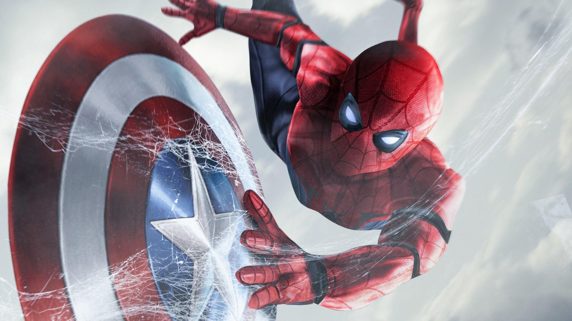 Spiderman With Captain America's Shield Wallpaper HD