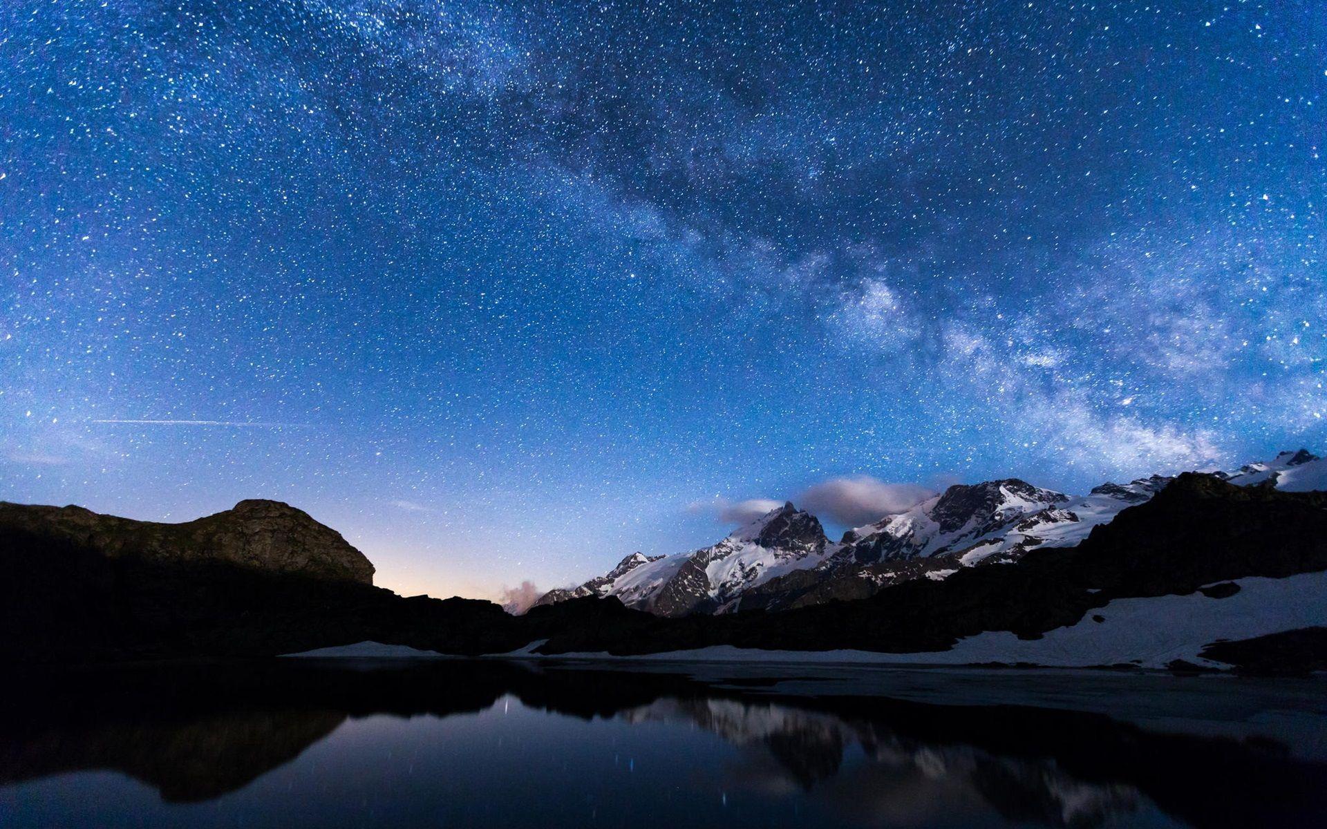 Night, lake, mountains, sky, stars, water reflection wallpaper