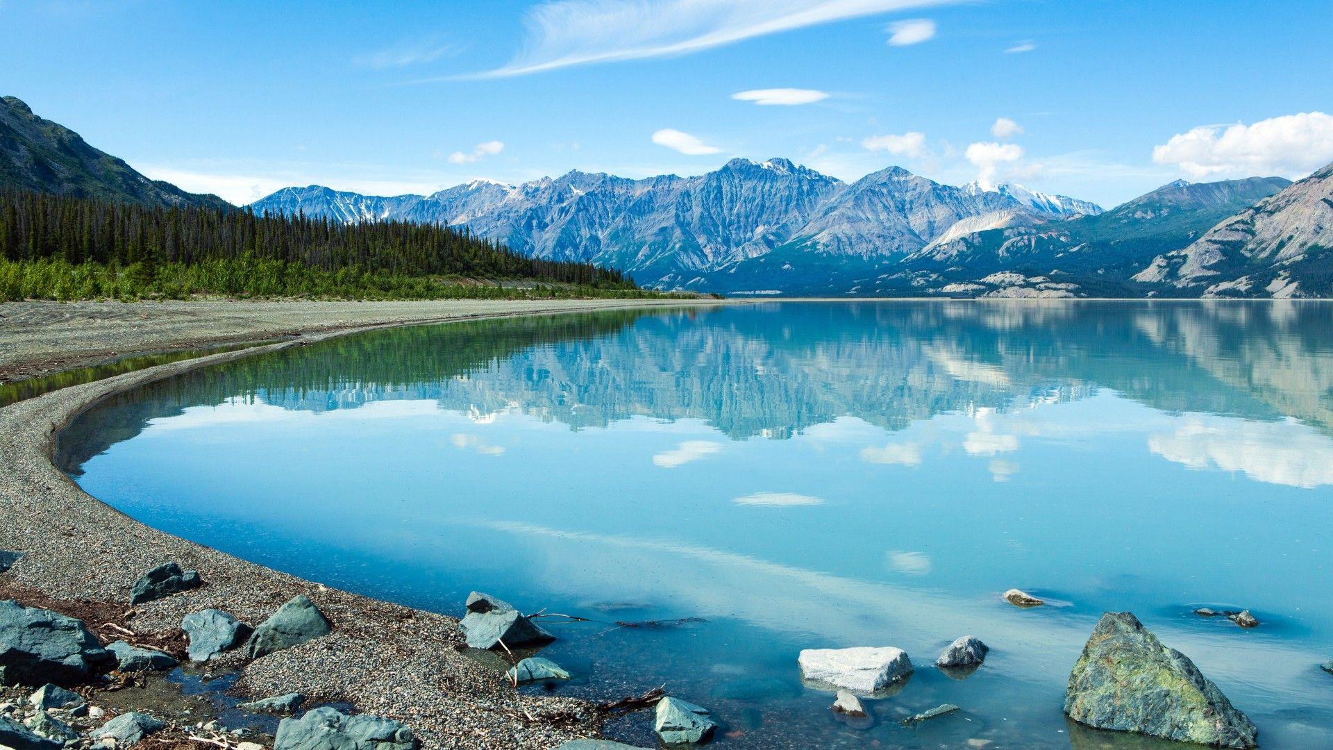 Canada Yukon Blue Lake Reflection In Water Mountain Rocks HD
