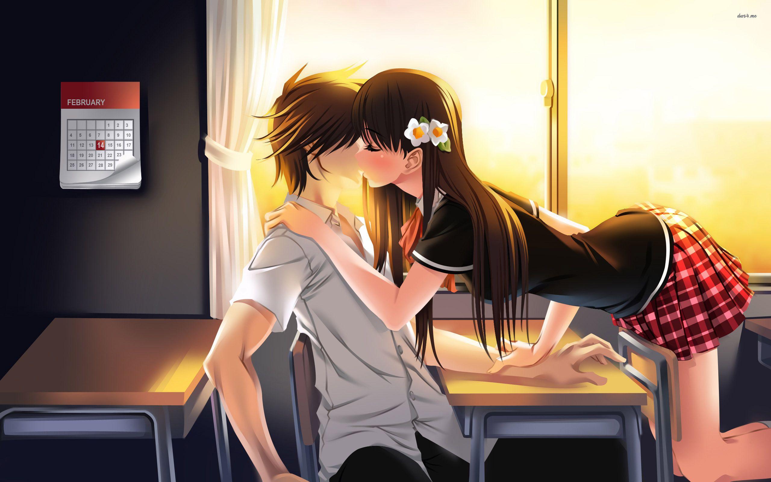 Download A Magical And Romantic Anime Couple Kiss Wallpaper