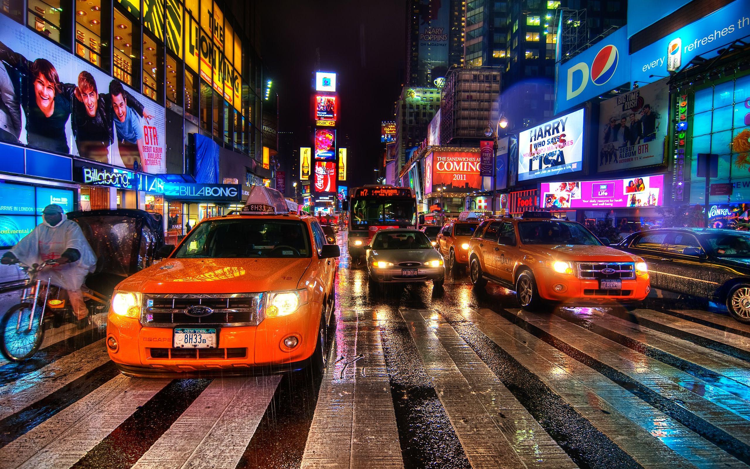 Wallpaper New york, Night, Taxi, Pedestrian crossing HD, Picture, Image