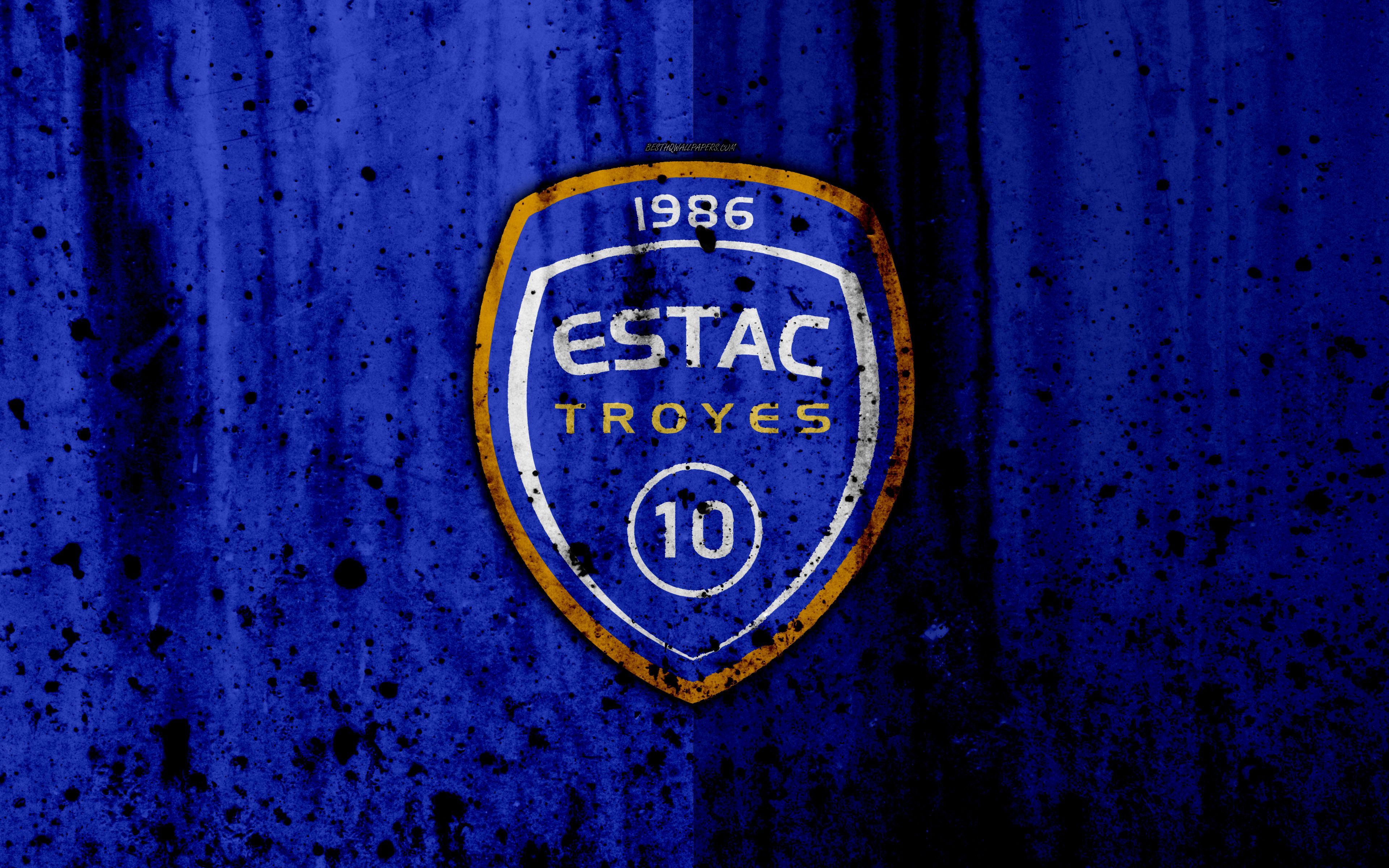 Download wallpaper FC Troyes, 4k, logo, Ligue stone texture