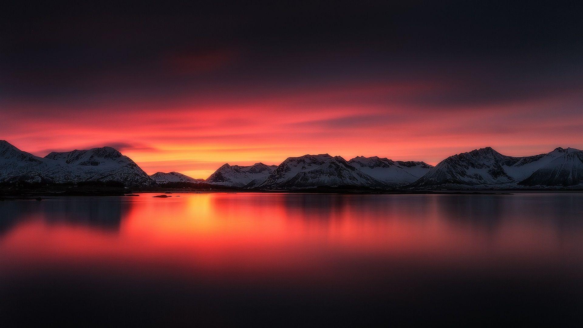 Beautiful sunset landscape, lake, red sky, mountains, snow wallpaper