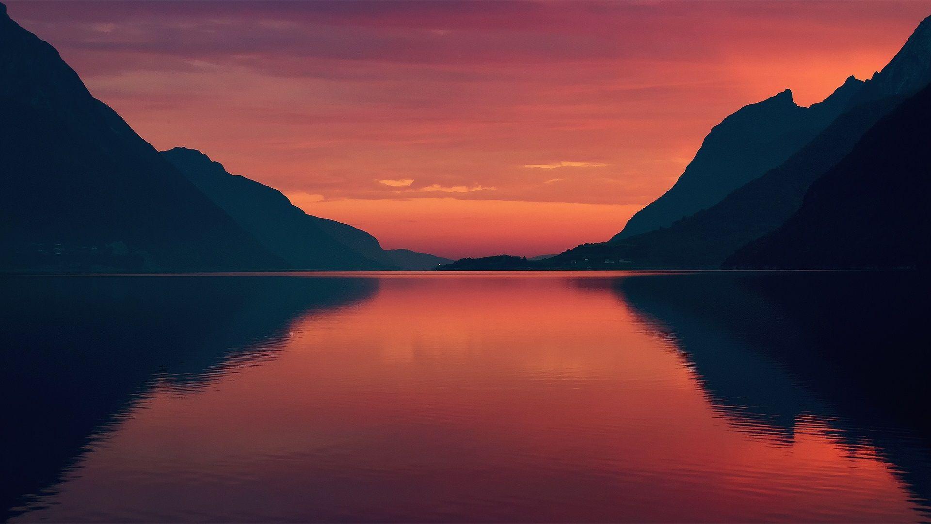 Norway, fjord, summer, morning, dawn, red sky wallpaper
