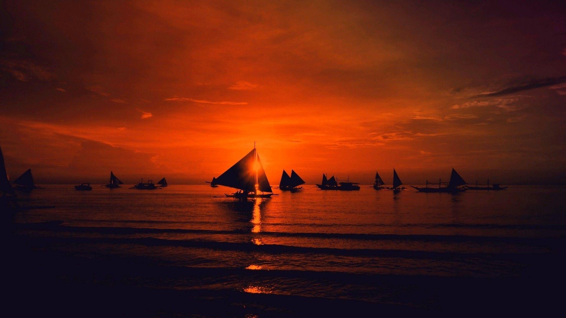 red Sky, Sailboats, Sunset, Sea, Clouds, Nature, Landscape