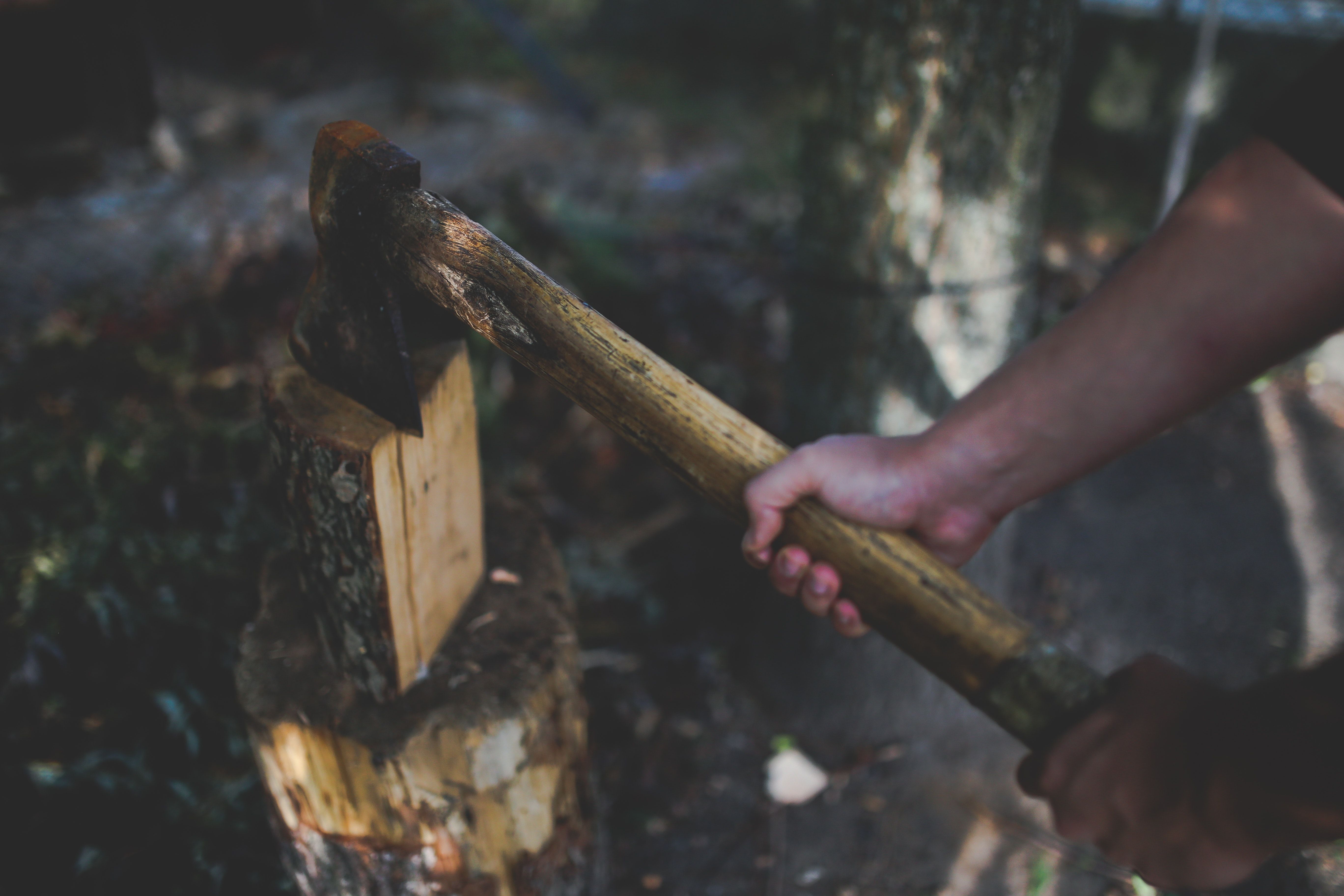 A man holds an old, worn axe · Free