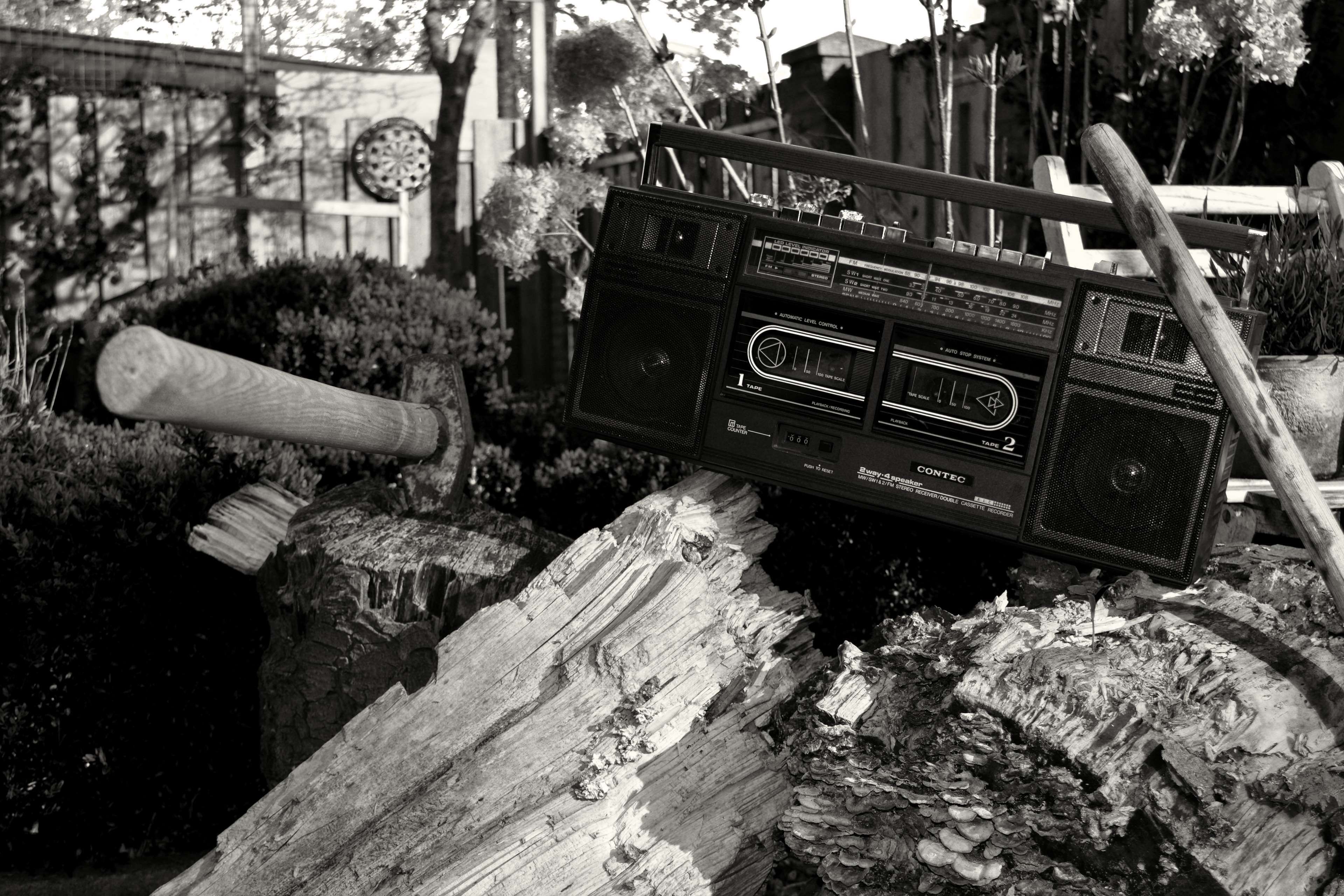 axe #black and white #cassette player #radio #stereo #vintage #wood
