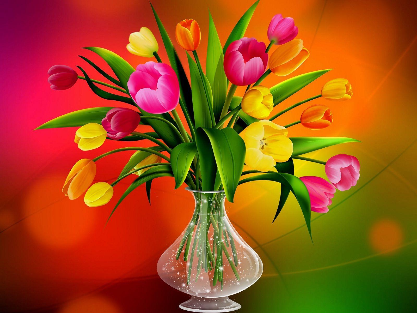 Tulip flowers in the glass pot marvelous wallpaper. HD Wallpaper