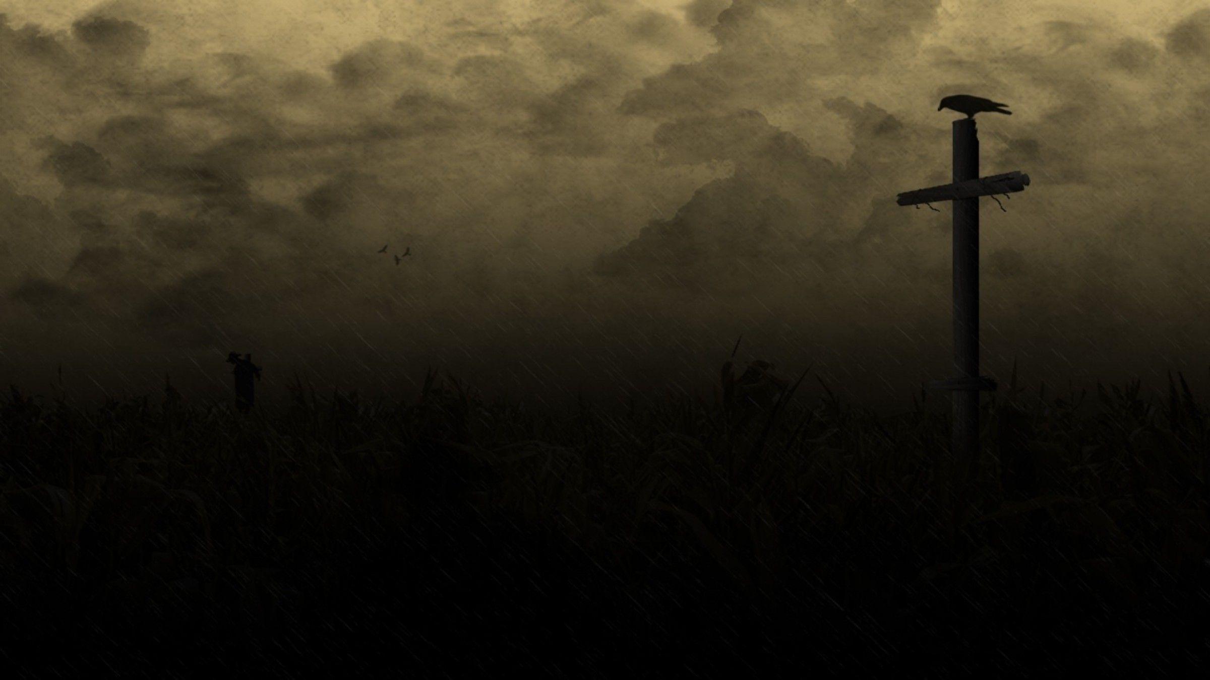Raven country field creepy cross dark wallpaper