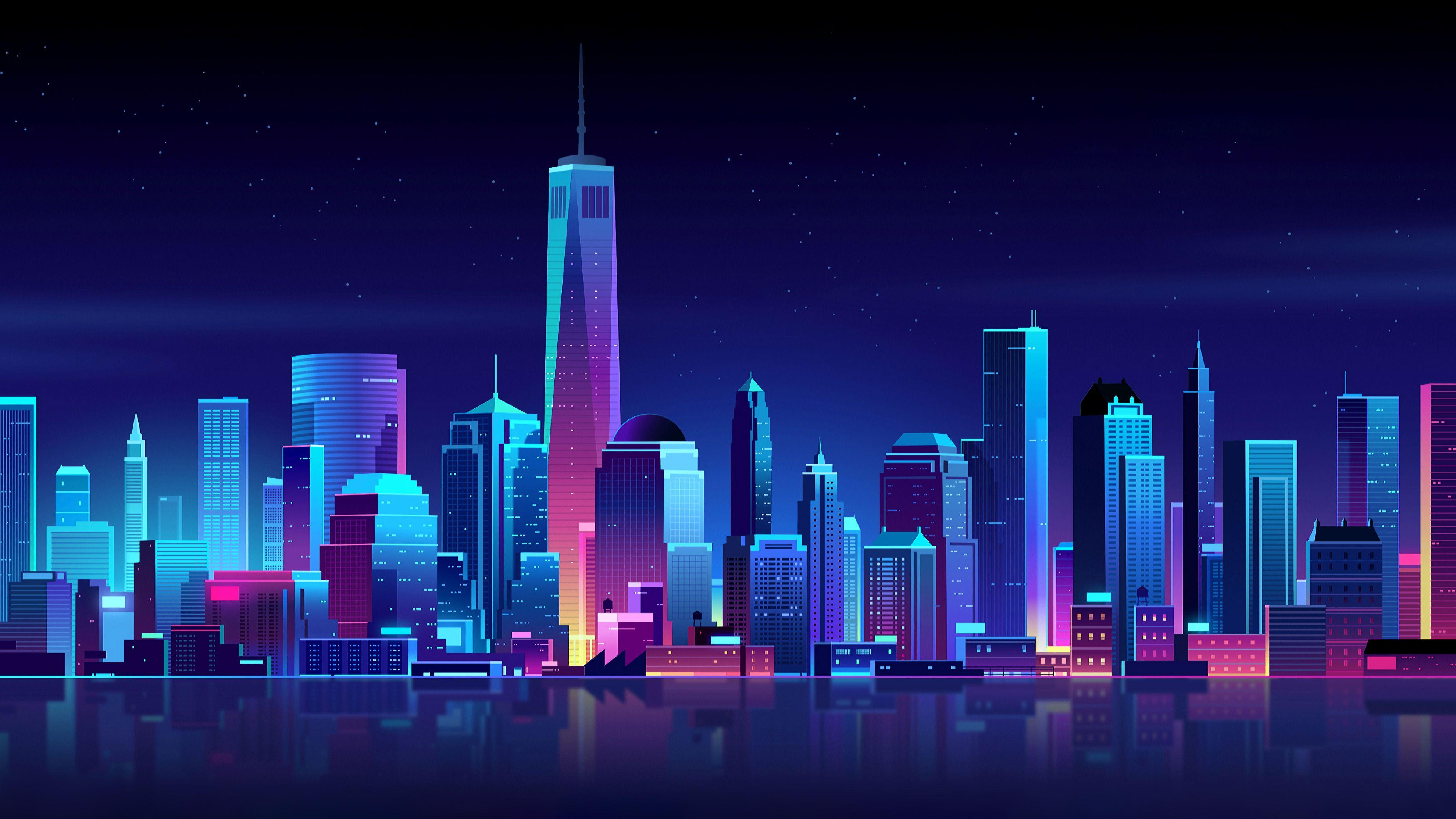 Wallpaper New York City, Neon, Nightscape, CGI, 4K, Creative