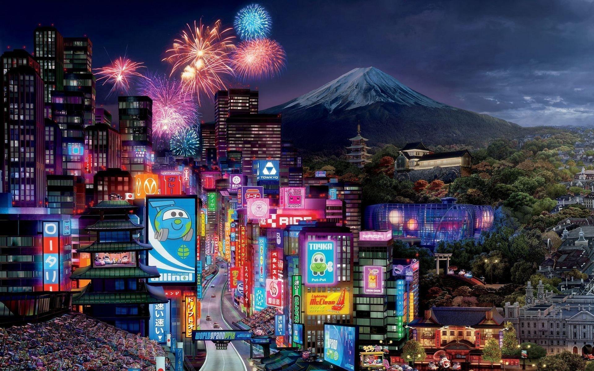 cities, volcano, neon, city, Tokyo