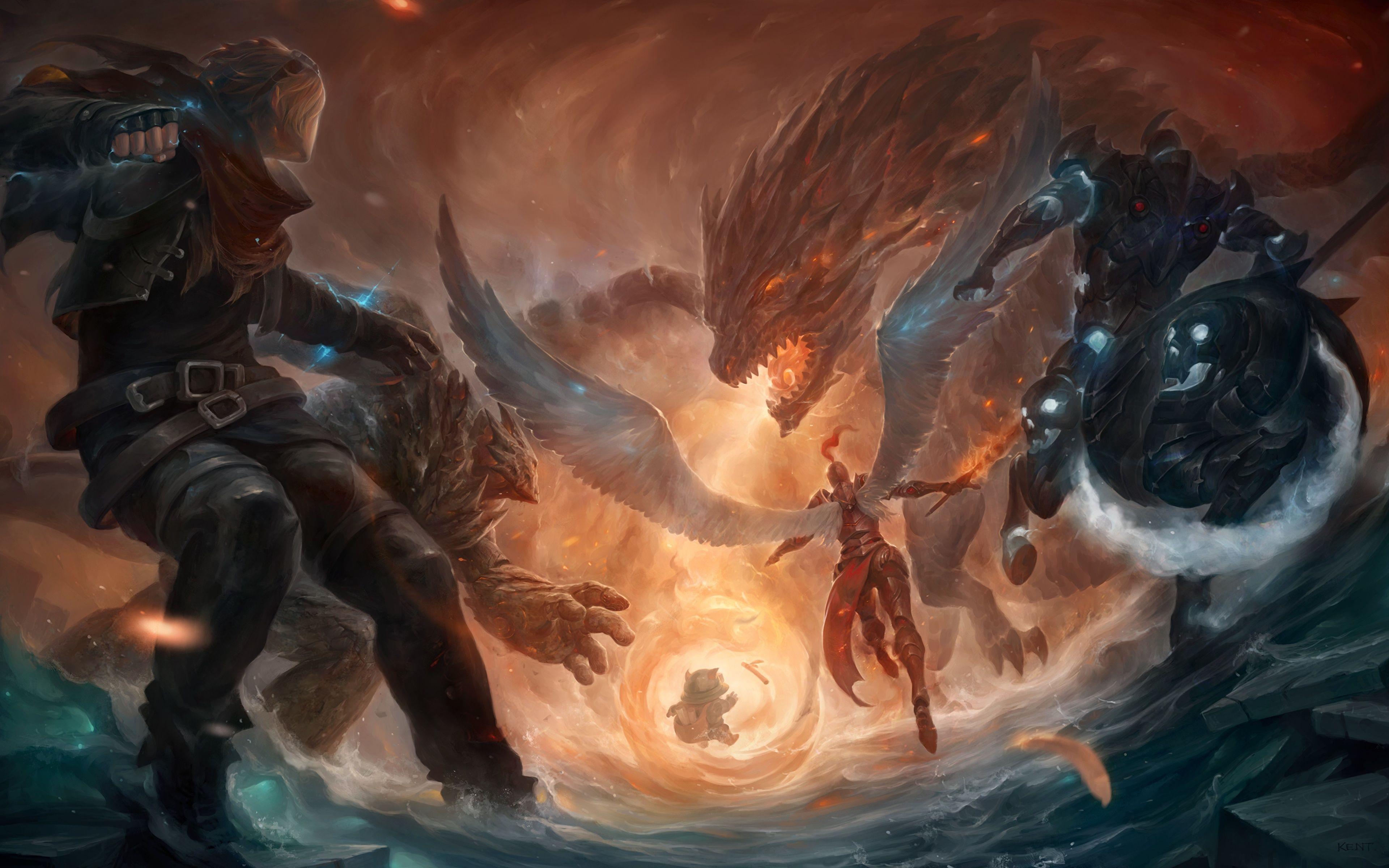 Wallpaper LOL Monsters Warriors Hecarim, Kayle, Ezreal, 3840x2400