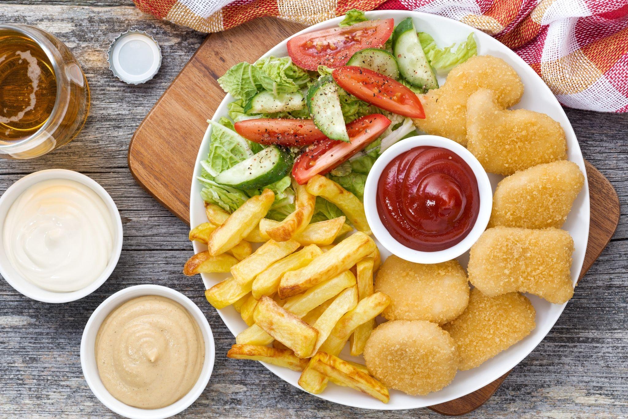 Chicken Nuggets with Chips and Salad Full HD Wallpaper
