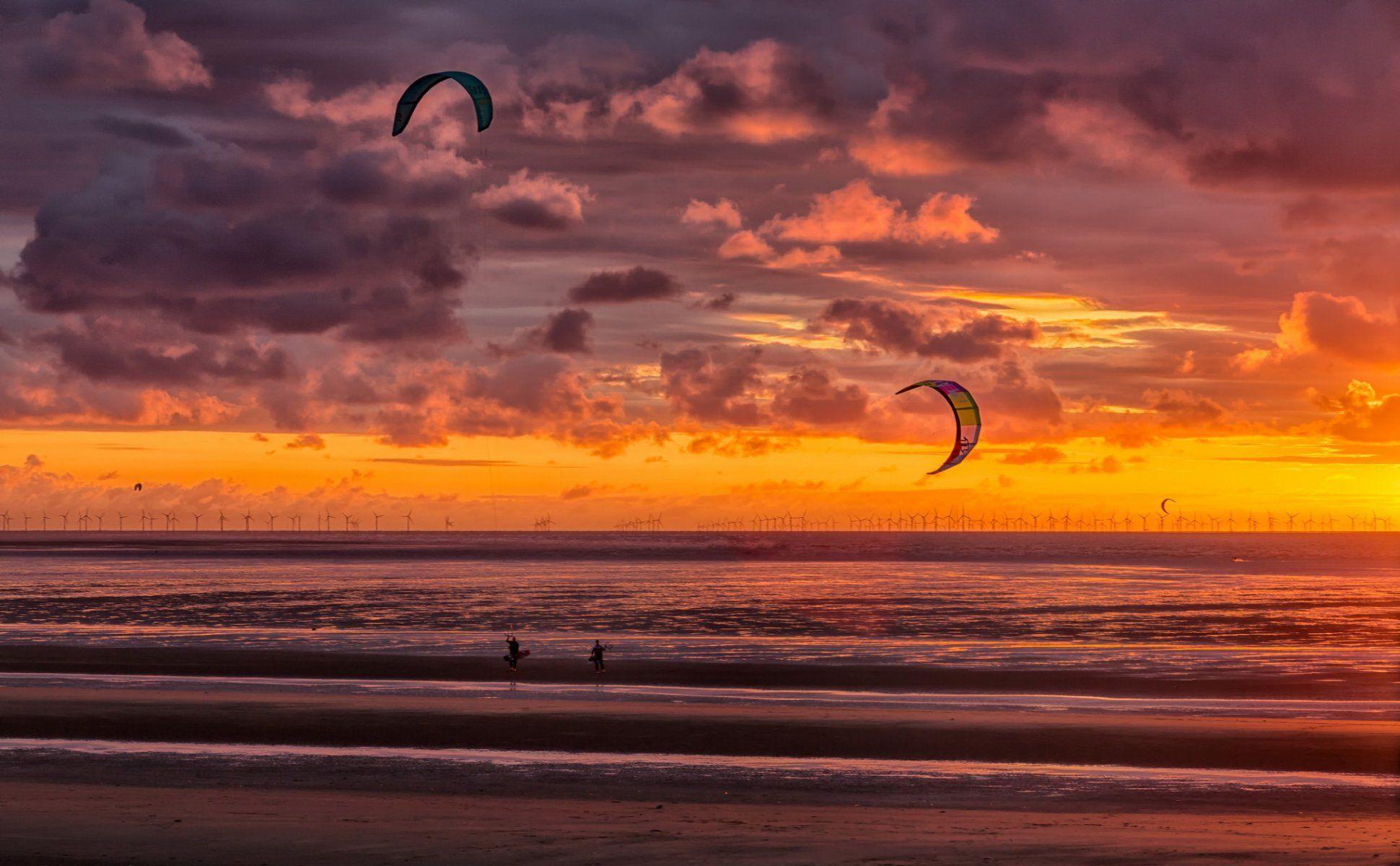 beach sunset kite surfers new brighton HD wallpaper